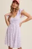 Lavender Flower Print Smocked V-Neck Ruffle Sleeve Dress sold by Pinkblush