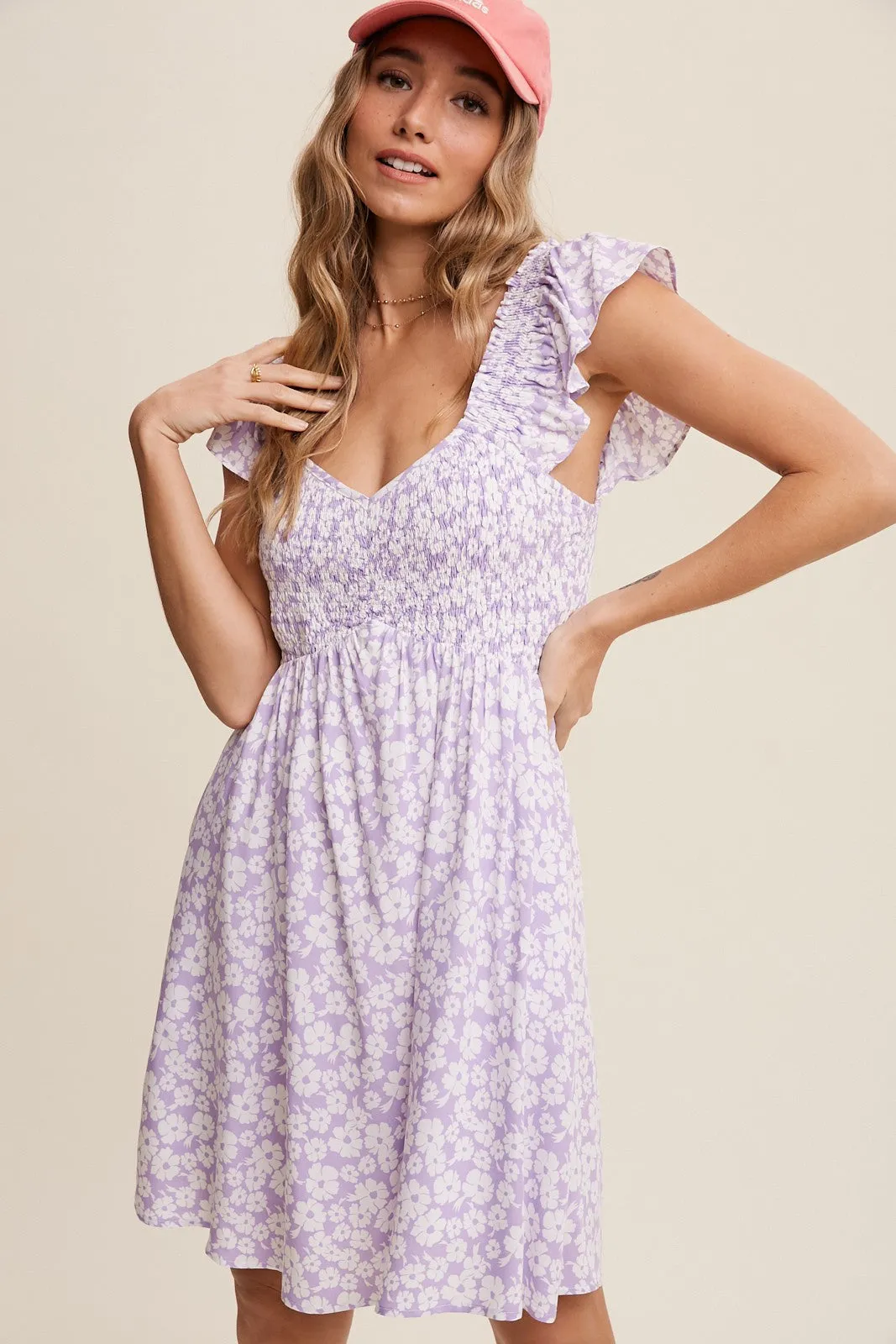 Lavender Flower Print Smocked V-Neck Ruffle Sleeve Dress sold by Pinkblush product image thumbnail 4
