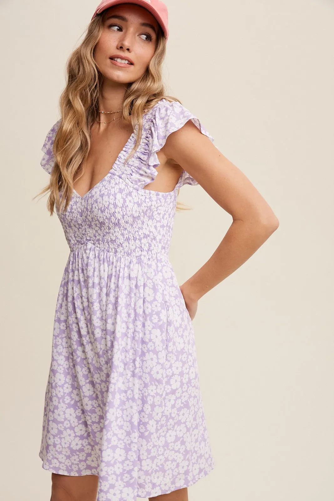 Lavender Flower Print Smocked V-Neck Ruffle Sleeve Dress sold by Pinkblush