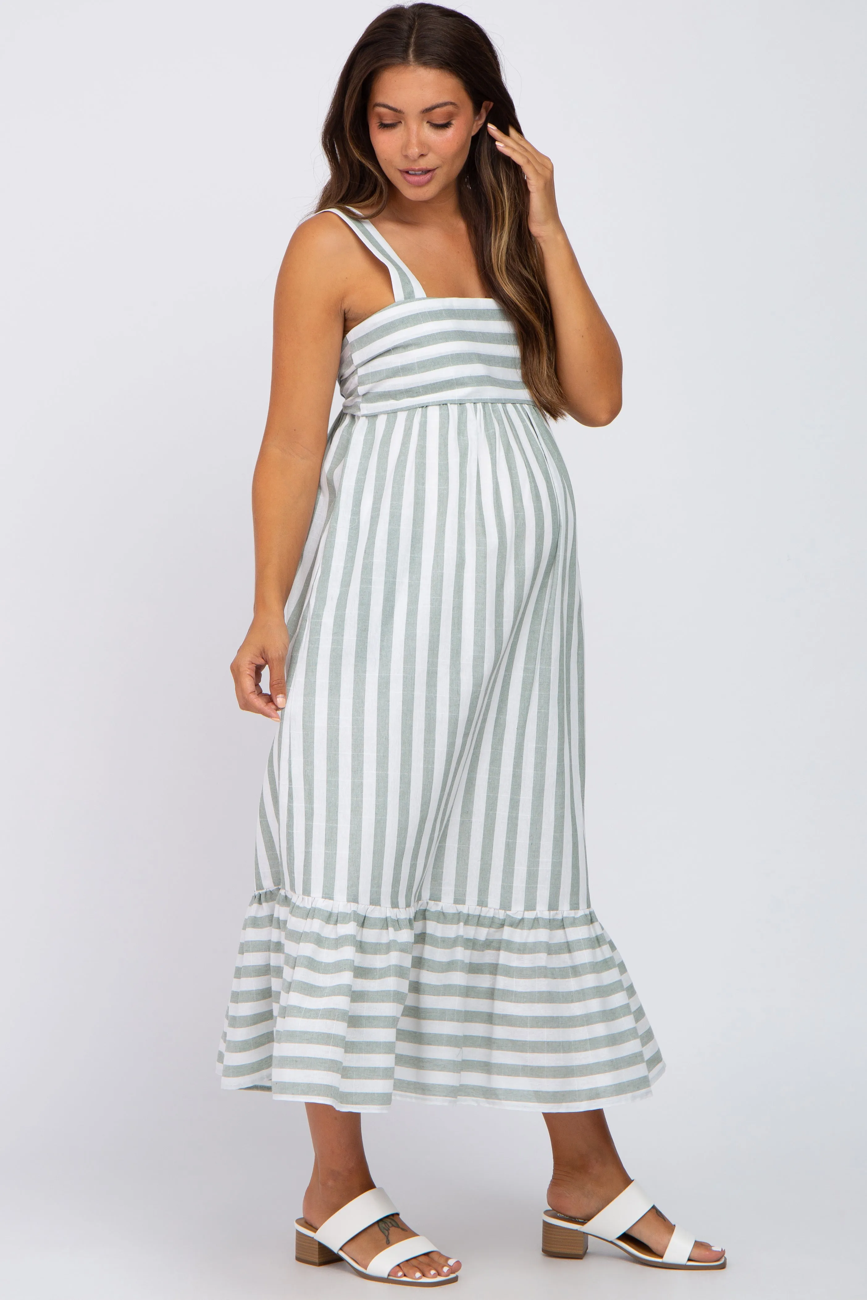 Sage Striped Sleeveless Ruffle Hem Maternity Maxi Dress sold by Pinkblush product image thumbnail 2