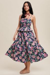 Navy Flower Print Ruched Tiered Maxi Dress sold by Pinkblush