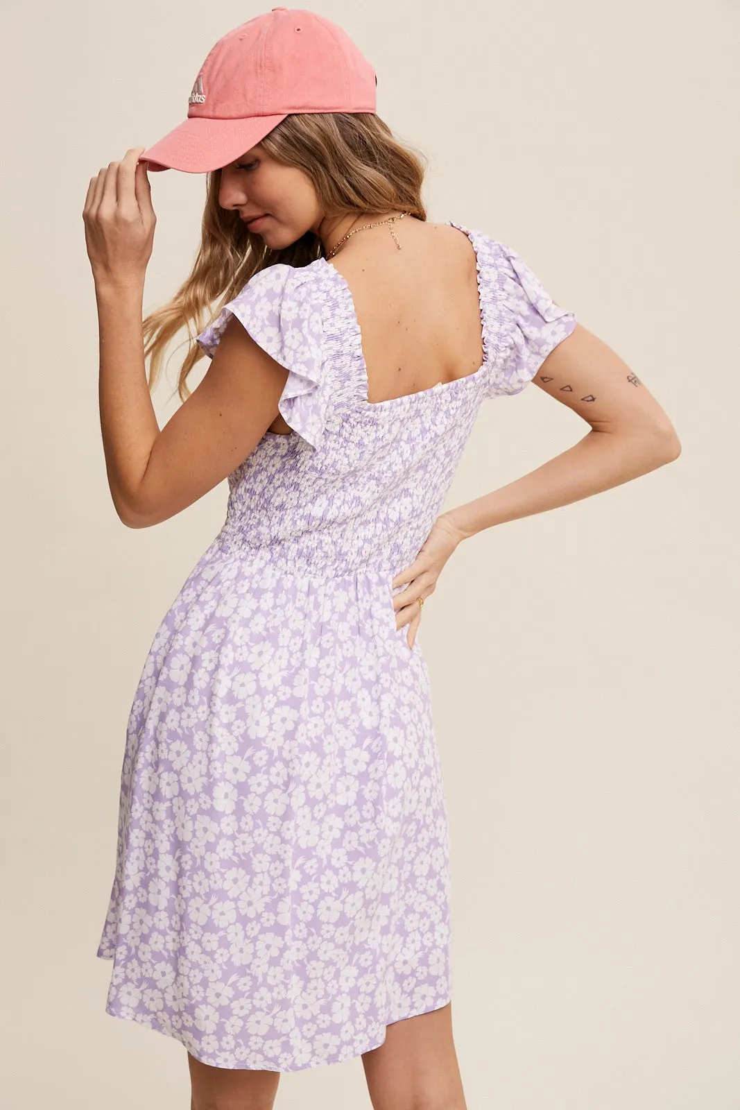Lavender Flower Print Smocked V-Neck Ruffle Sleeve Dress sold by Pinkblush product image thumbnail 2