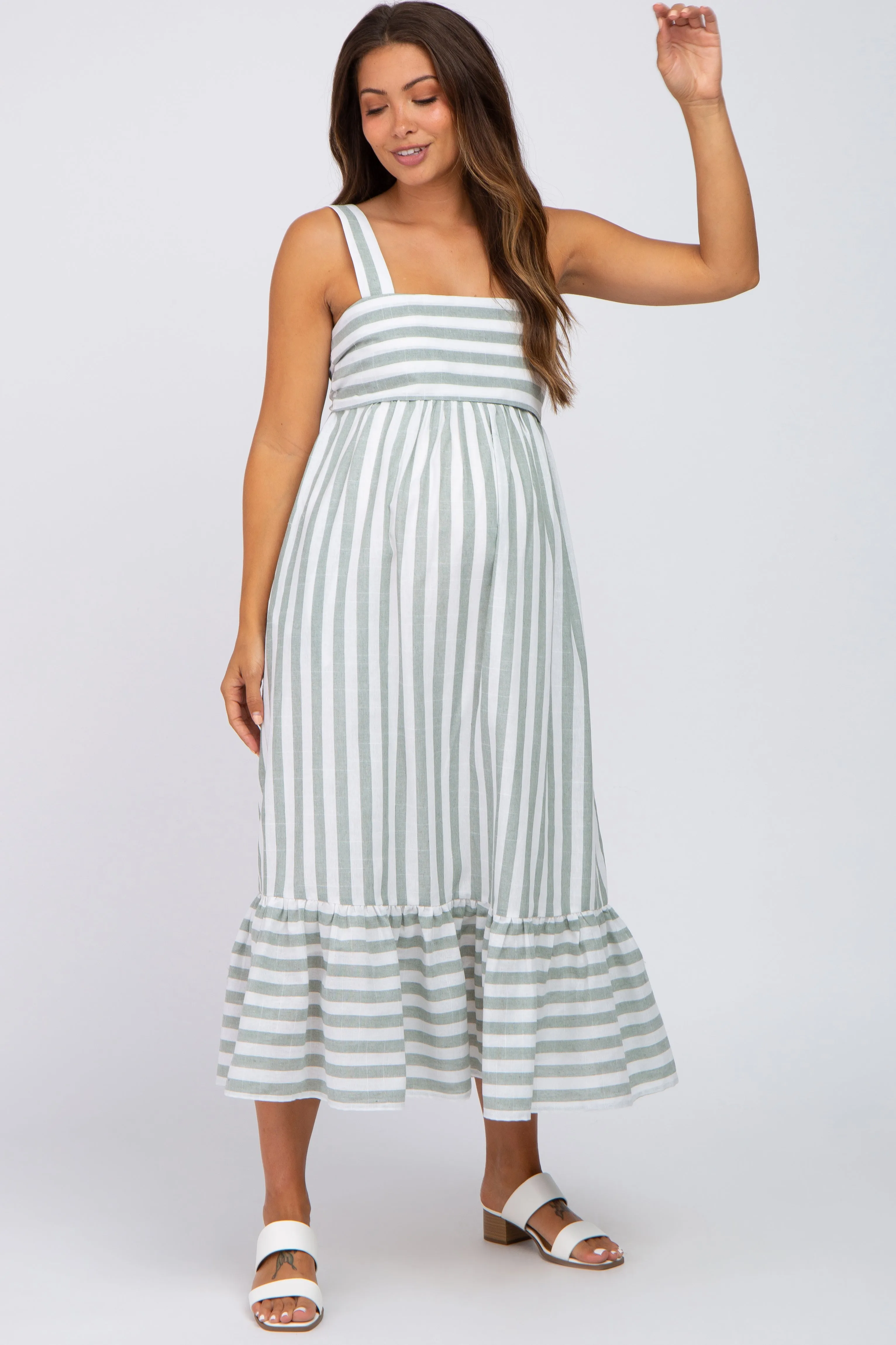 Sage Striped Sleeveless Ruffle Hem Maternity Maxi Dress sold by Pinkblush