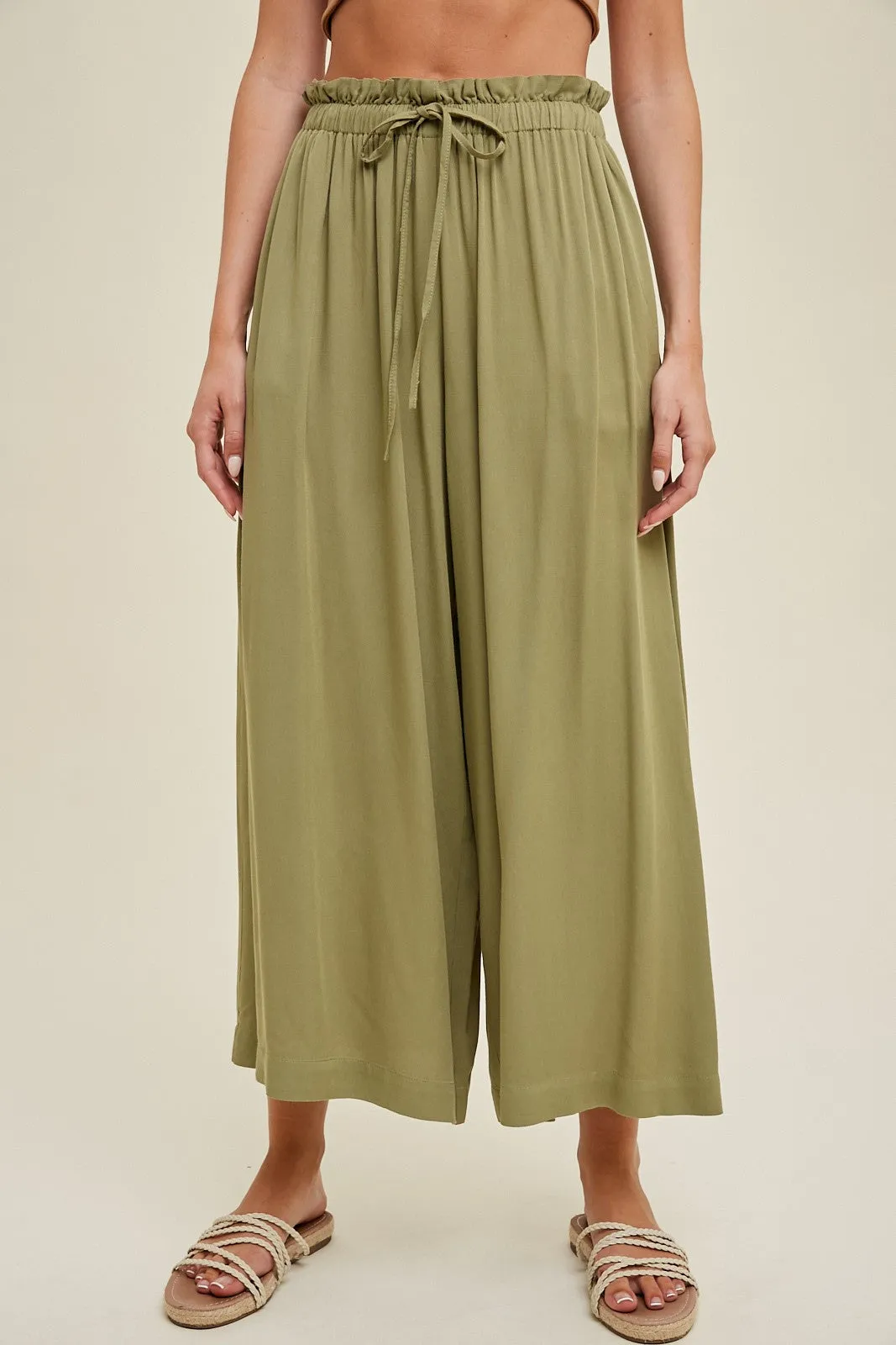 Olive Pleated Elastic Waist Wide Leg Crop Pants sold by Pinkblush product image thumbnail 2