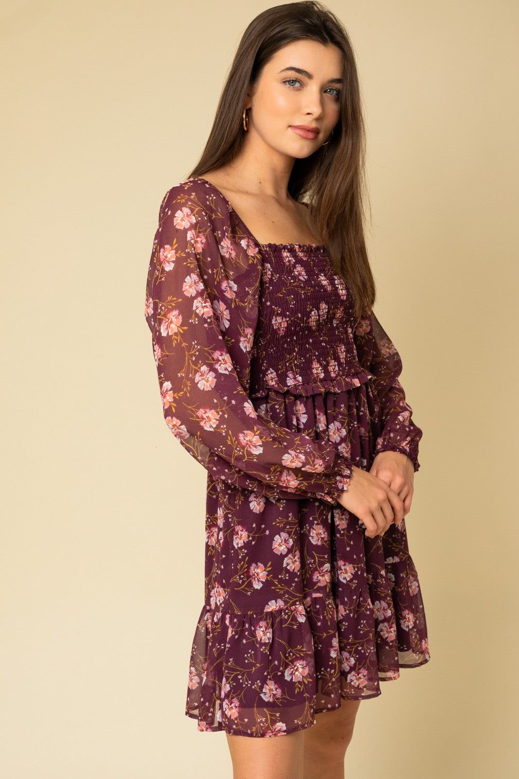 Burgundy Floral Smocked Long Sleeve Dress sold by Pinkblush product image thumbnail 2