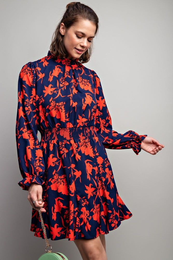 Royal Blue Floral Printed Mock Neck Dress sold by Pinkblush