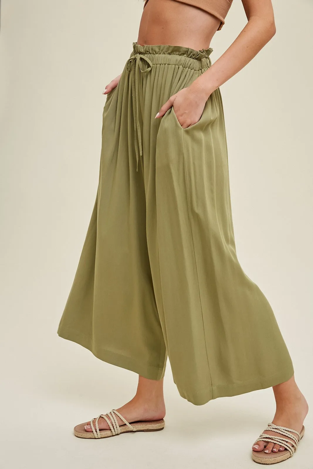 Olive Pleated Elastic Waist Wide Leg Crop Pants sold by Pinkblush product image thumbnail 3