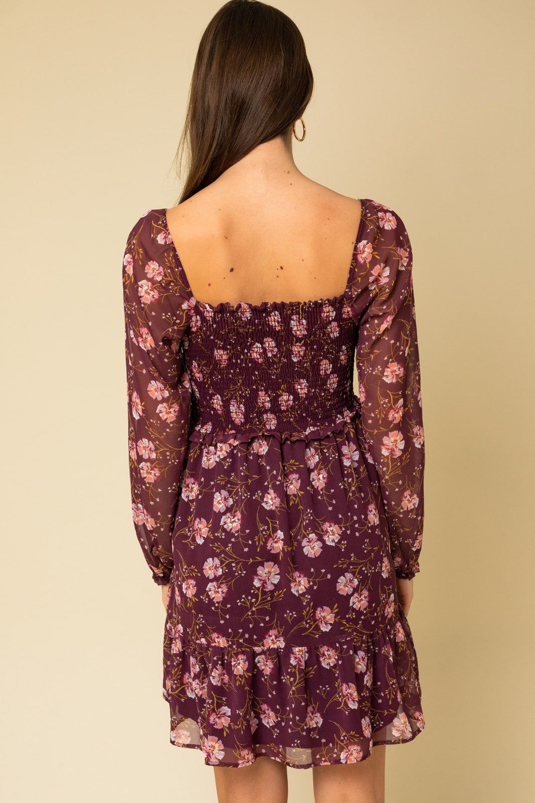 Burgundy Floral Smocked Long Sleeve Dress sold by Pinkblush product image thumbnail 3