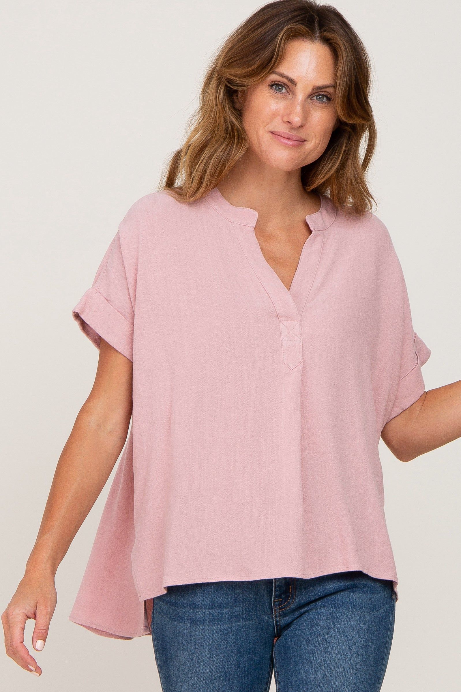 Pink Split Hem Cuffed Top sold by Pinkblush