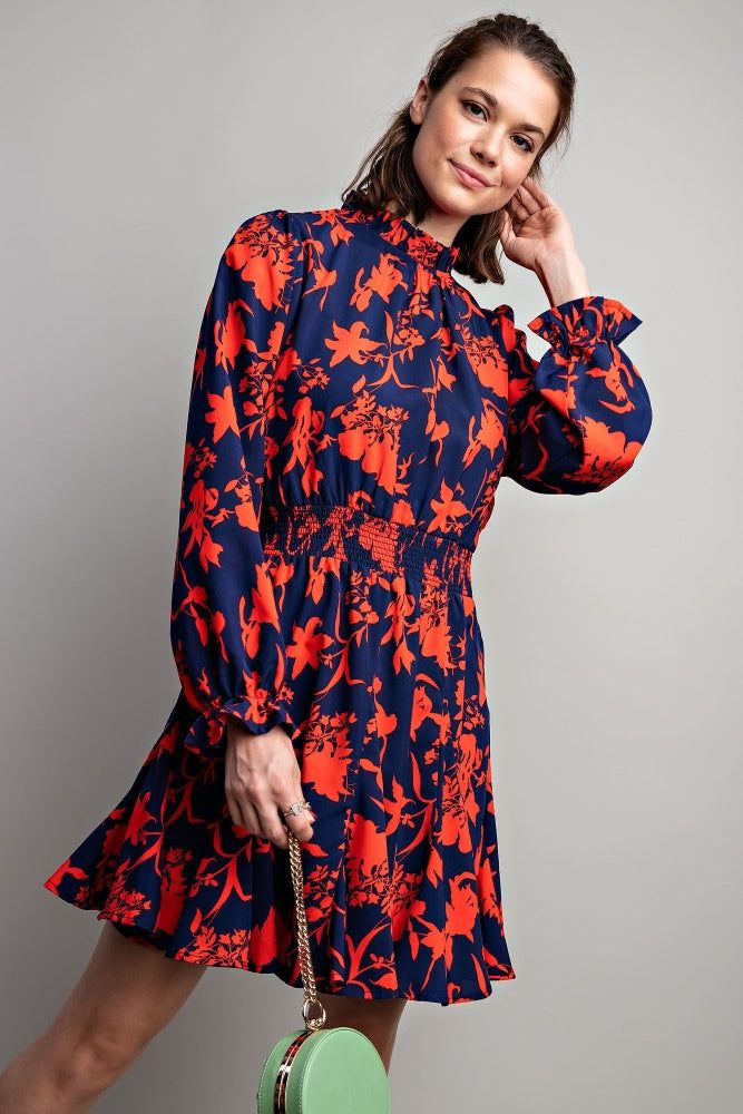 Royal Blue Floral Printed Mock Neck Dress sold by Pinkblush product image thumbnail 2