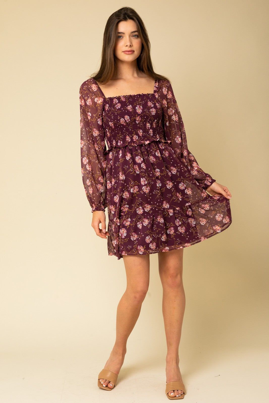 Burgundy Floral Smocked Long Sleeve Dress sold by Pinkblush product image thumbnail 4