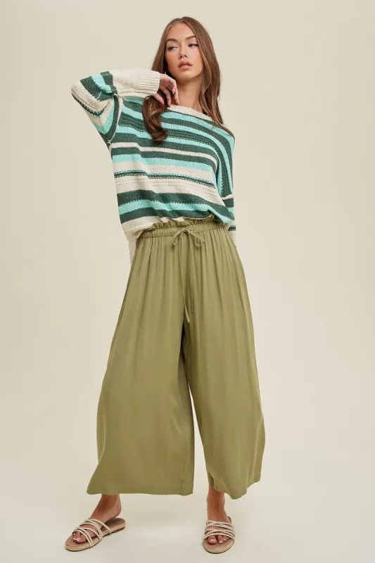 Olive Pleated Elastic Waist Wide Leg Crop Pants sold by Pinkblush
