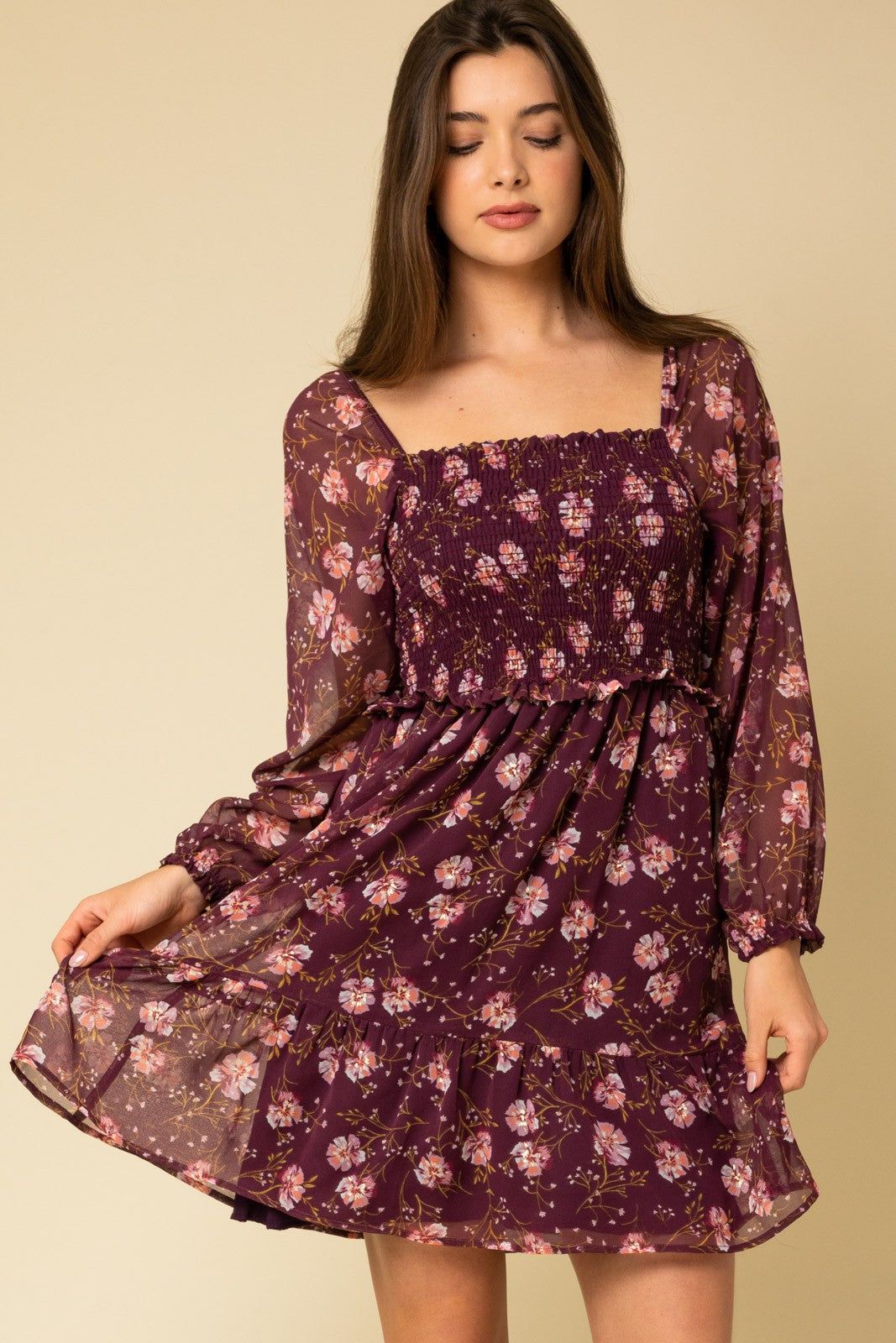 Burgundy Floral Smocked Long Sleeve Dress sold by Pinkblush