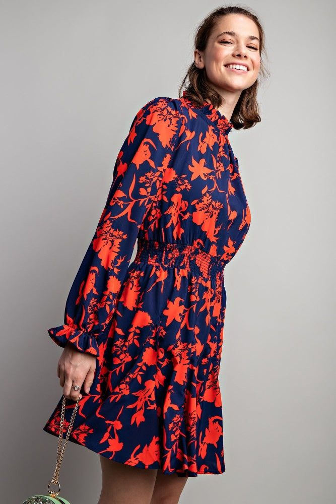 Royal Blue Floral Printed Mock Neck Dress sold by Pinkblush product image thumbnail 3