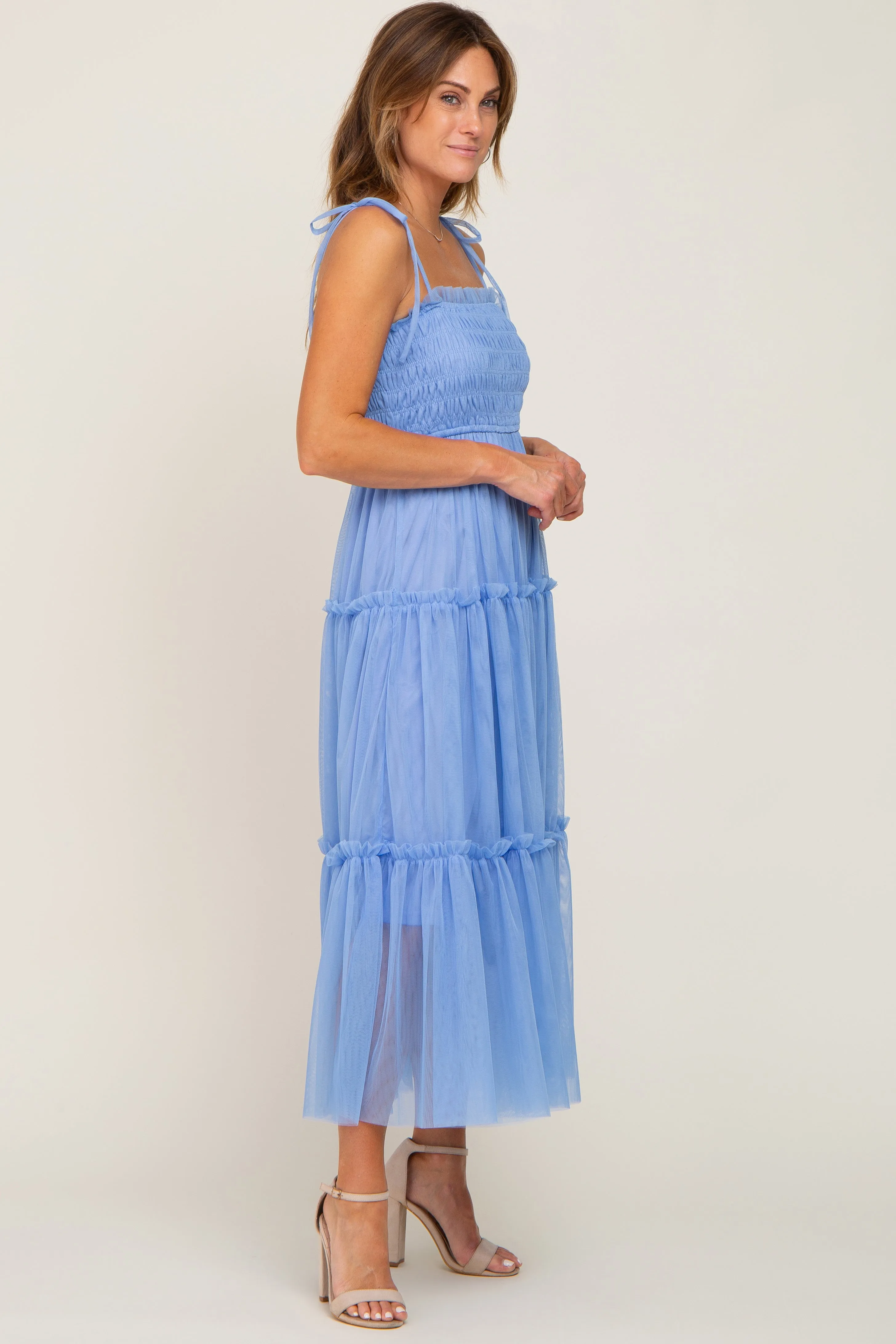 Light Blue Smocked Mesh Midi Dress sold by Pinkblush product image thumbnail 2