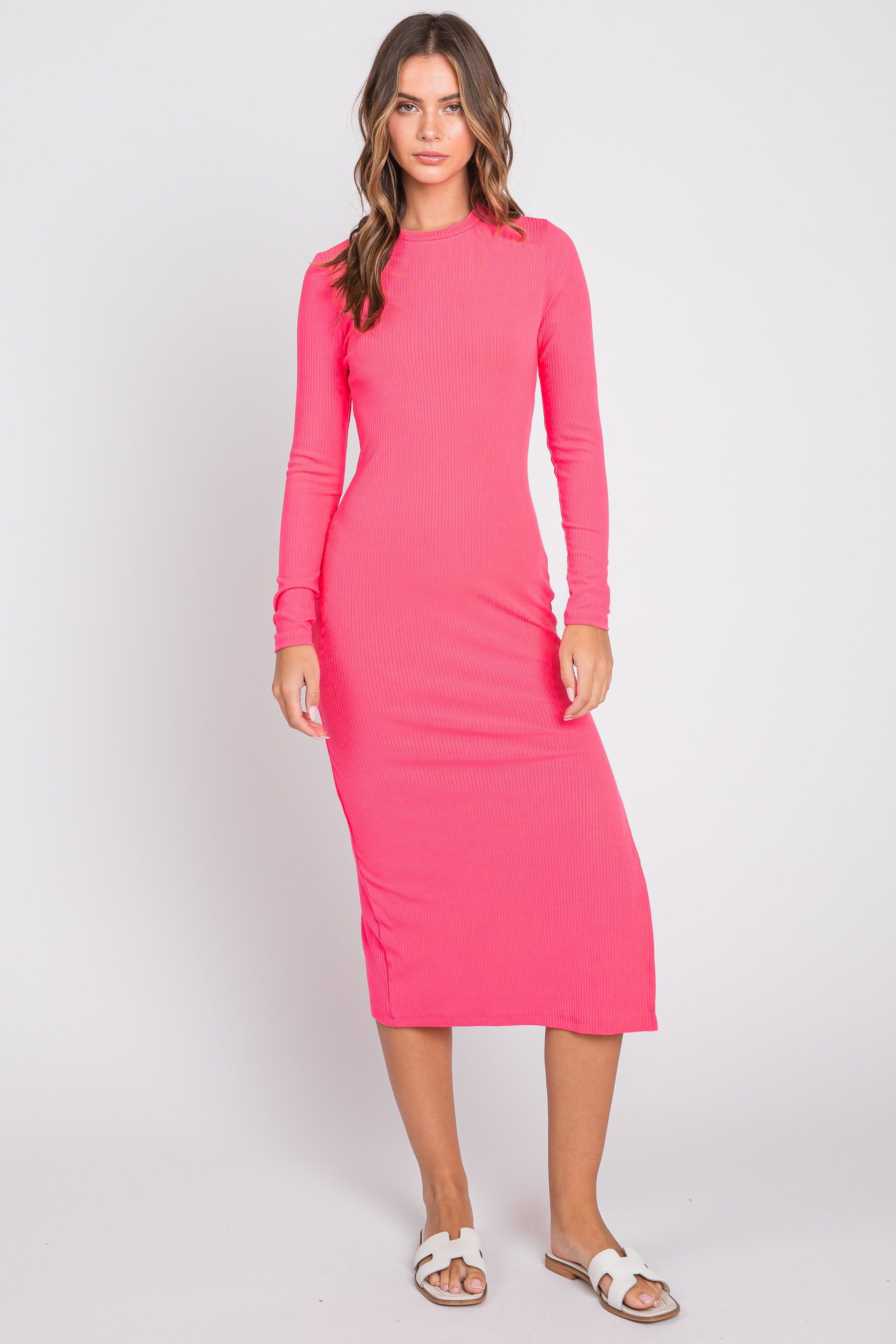 Pink Ribbed Mock Neck Long Sleeve Maternity Midi Dress sold by Pinkblush product image thumbnail 4