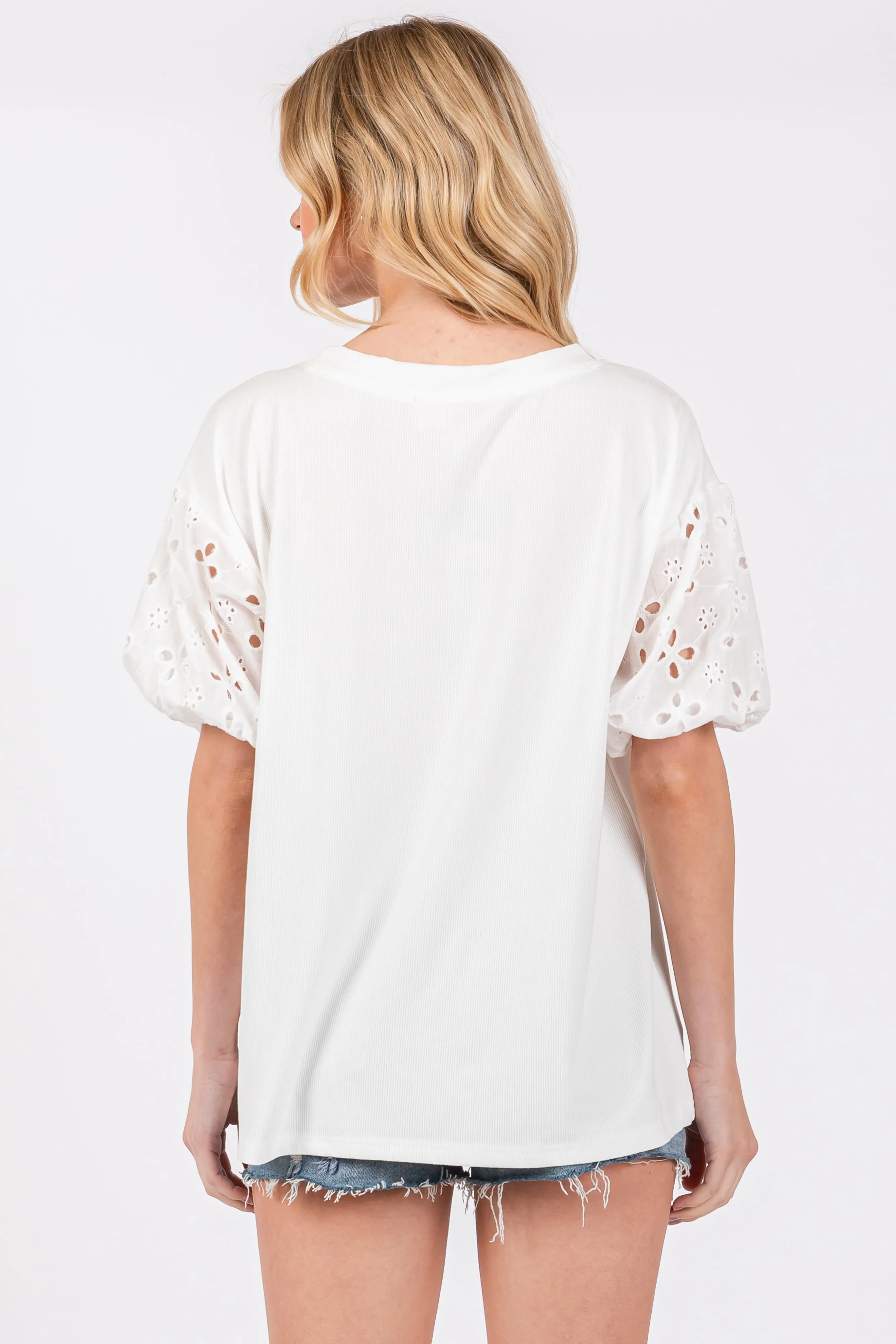 Ivory Short Puff Eyelet Lace Floral Sleeve Top sold by Pinkblush product image thumbnail 3
