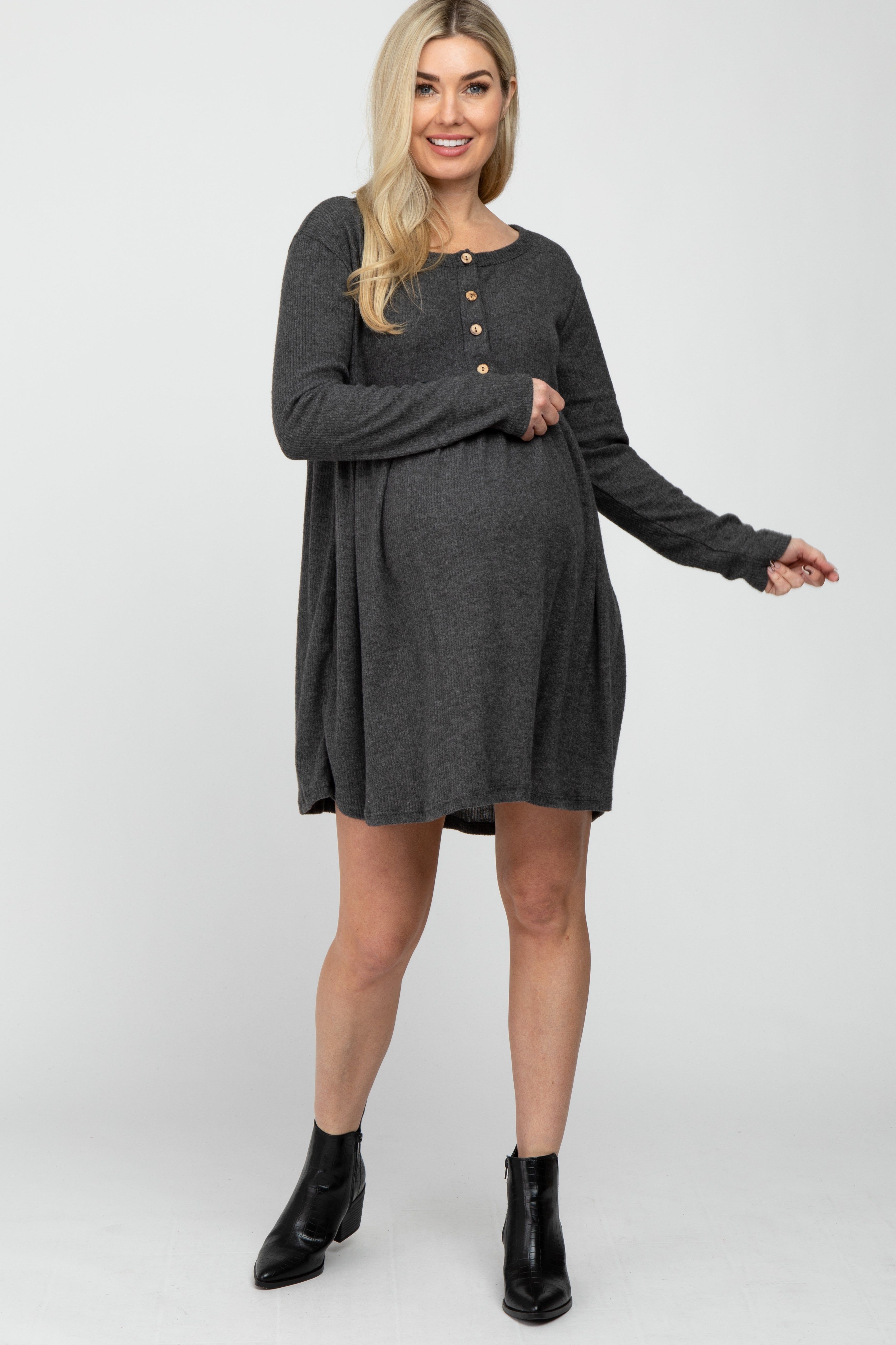 Charcoal Brushed Rib Button Accent Maternity Dress sold by Pinkblush product image thumbnail 2