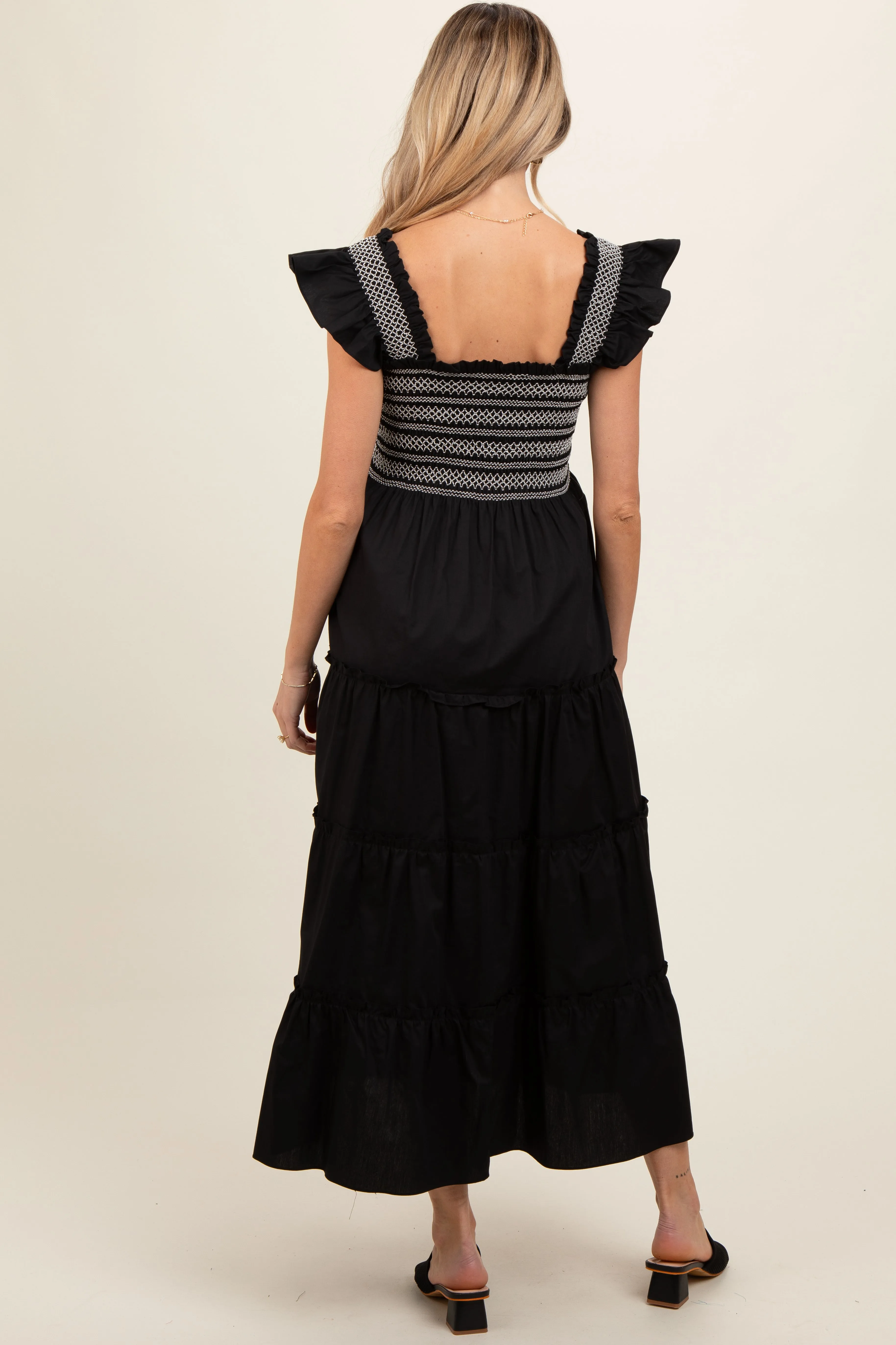 Black Embroidered Smocked Maternity Midi Dress sold by Pinkblush product image thumbnail 4