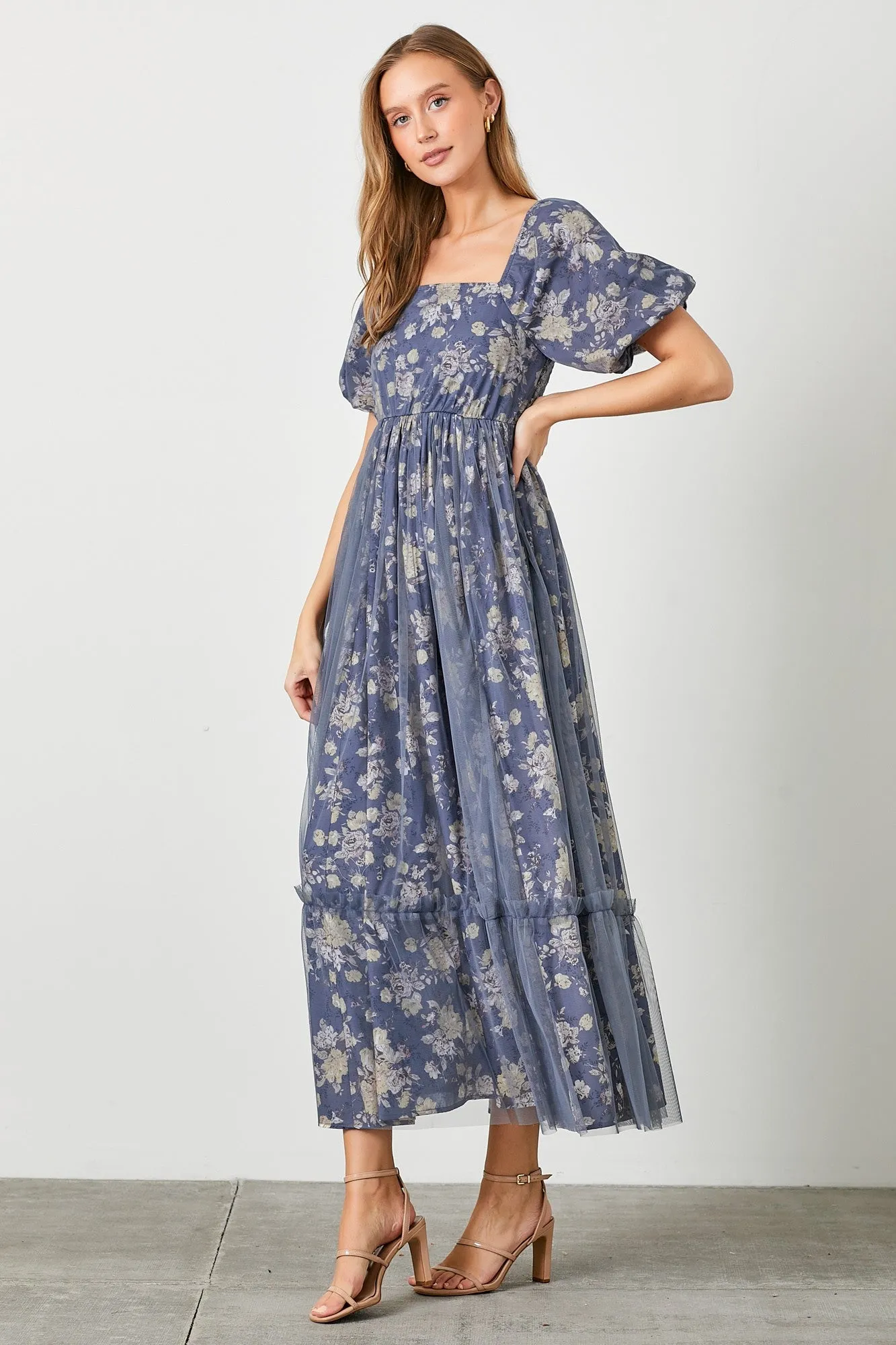 Navy Floral Mesh Overlay Maxi Dress sold by Pinkblush product image thumbnail 2