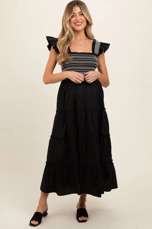 Black Embroidered Smocked Maternity Midi Dress sold by Pinkblush