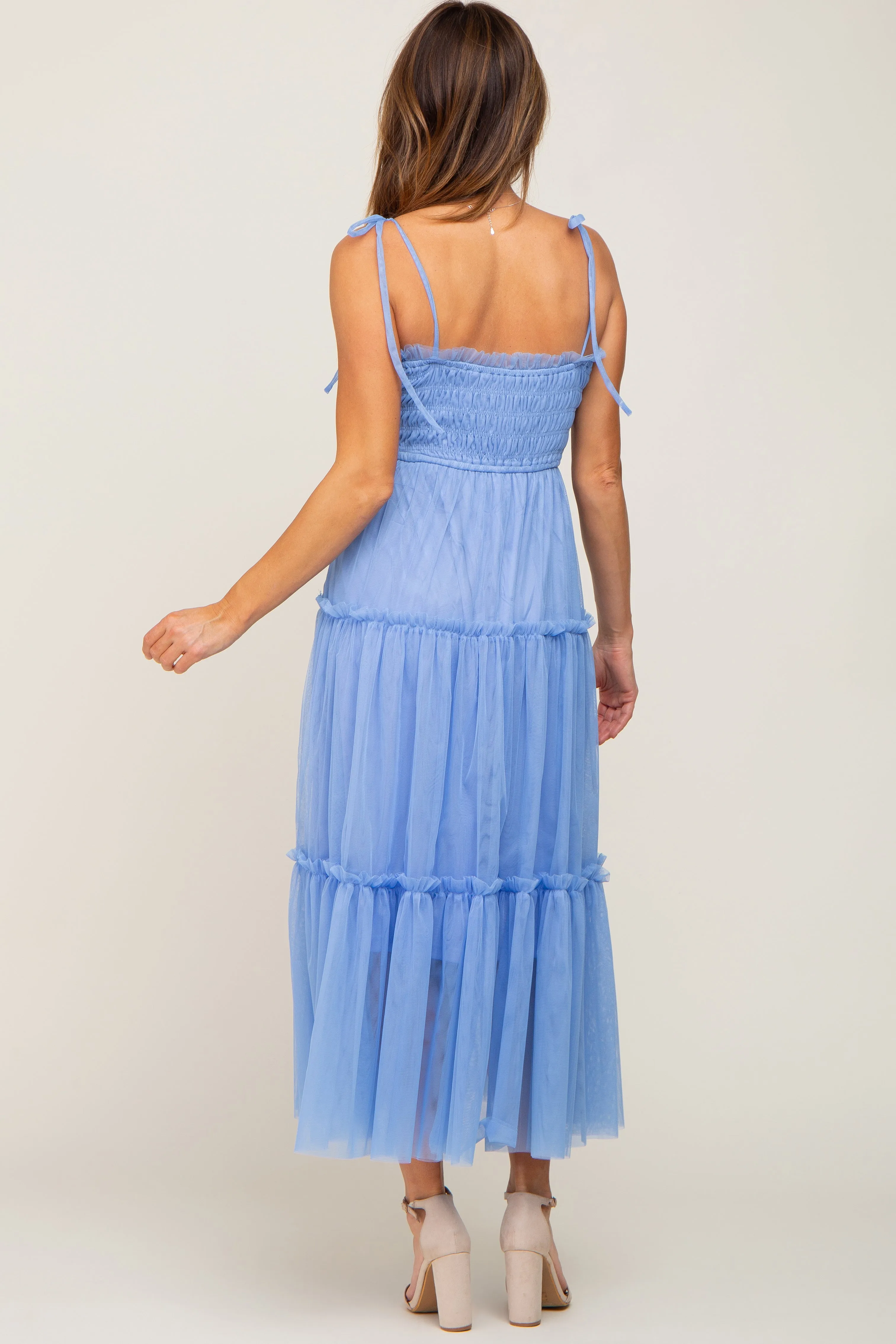 Light Blue Smocked Mesh Midi Dress sold by Pinkblush product image thumbnail 3
