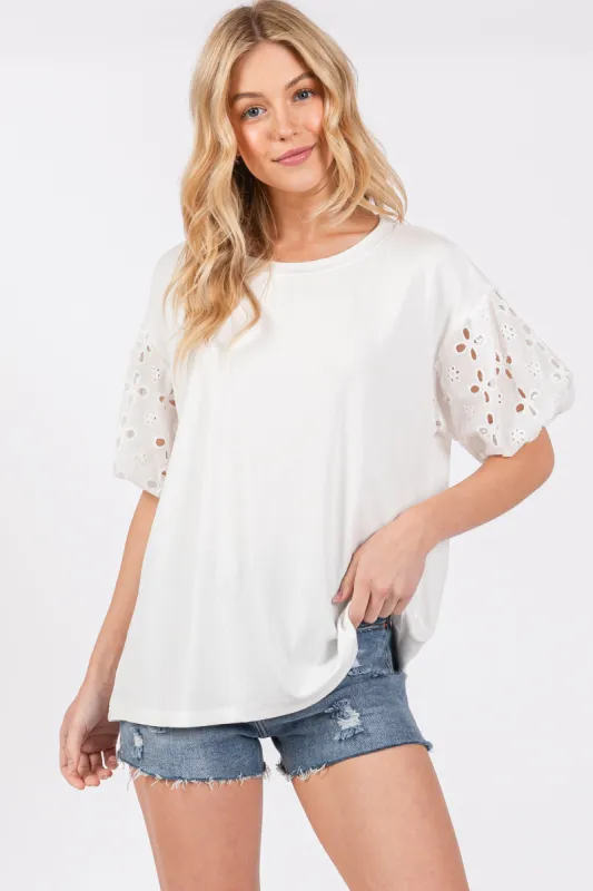 Ivory Short Puff Eyelet Lace Floral Sleeve Top sold by Pinkblush