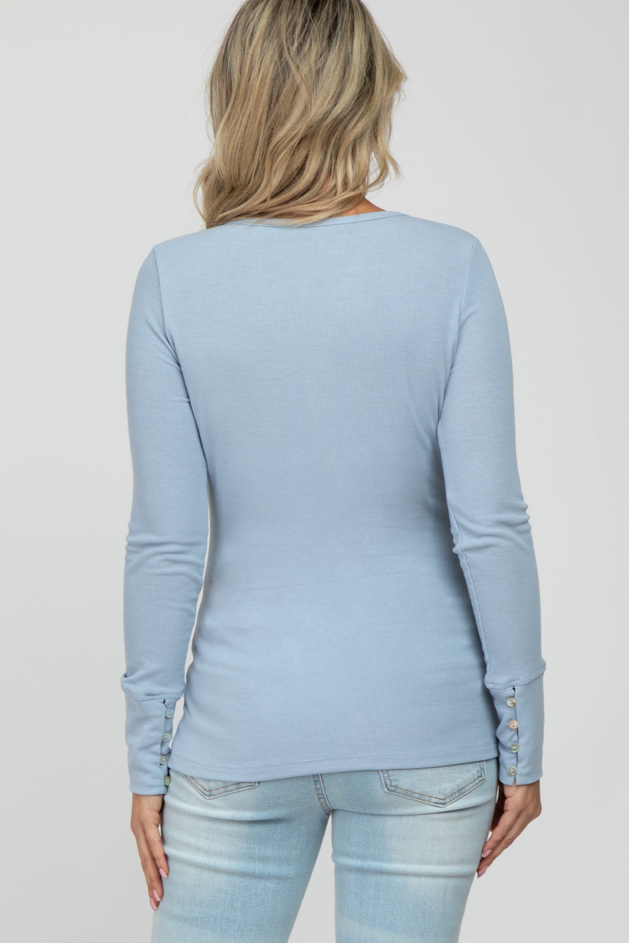 Light Blue Ribbed Button Front Long Sleeve Maternity Top sold by Pinkblush product image thumbnail 4