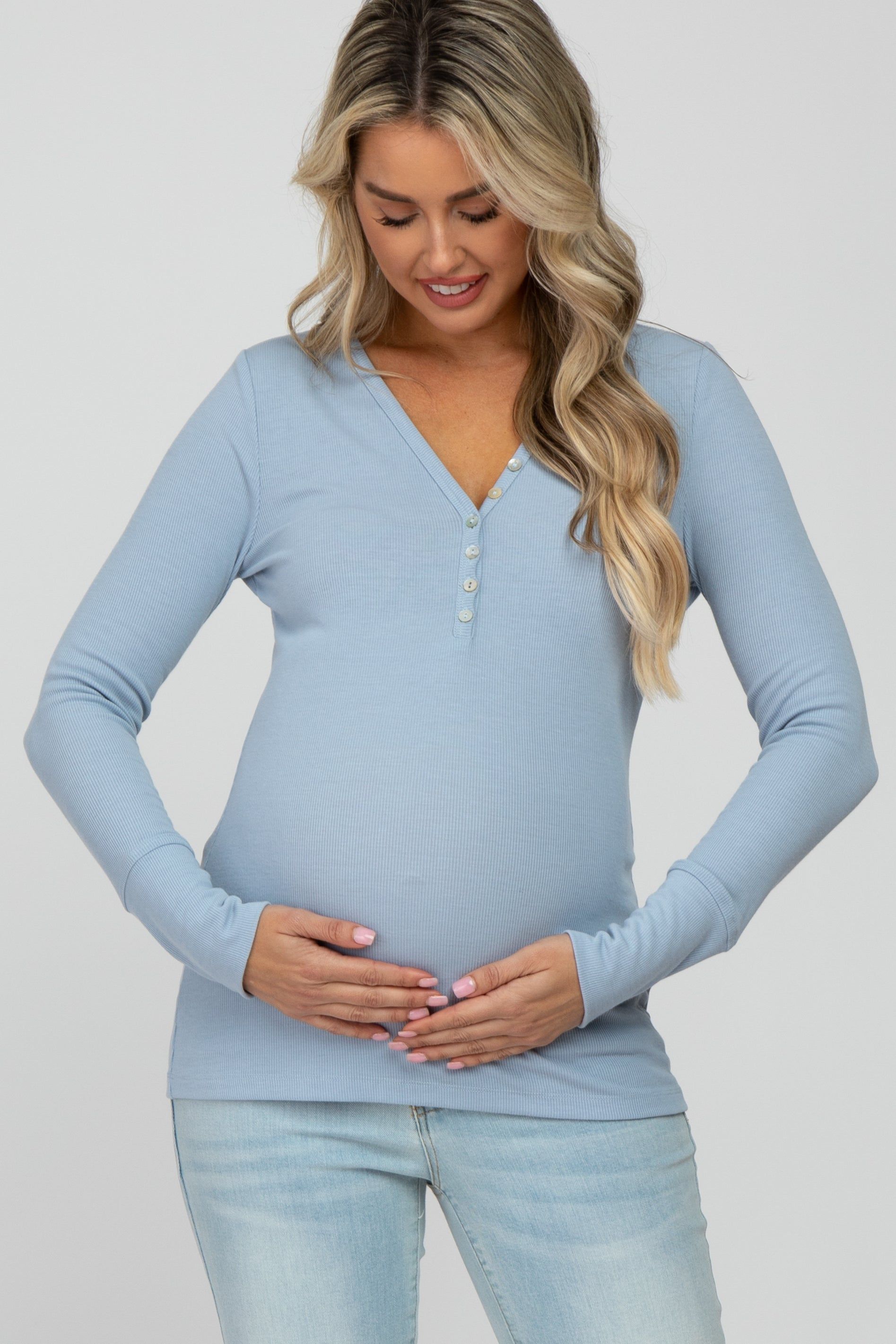 Light Blue Ribbed Button Front Long Sleeve Maternity Top sold by Pinkblush