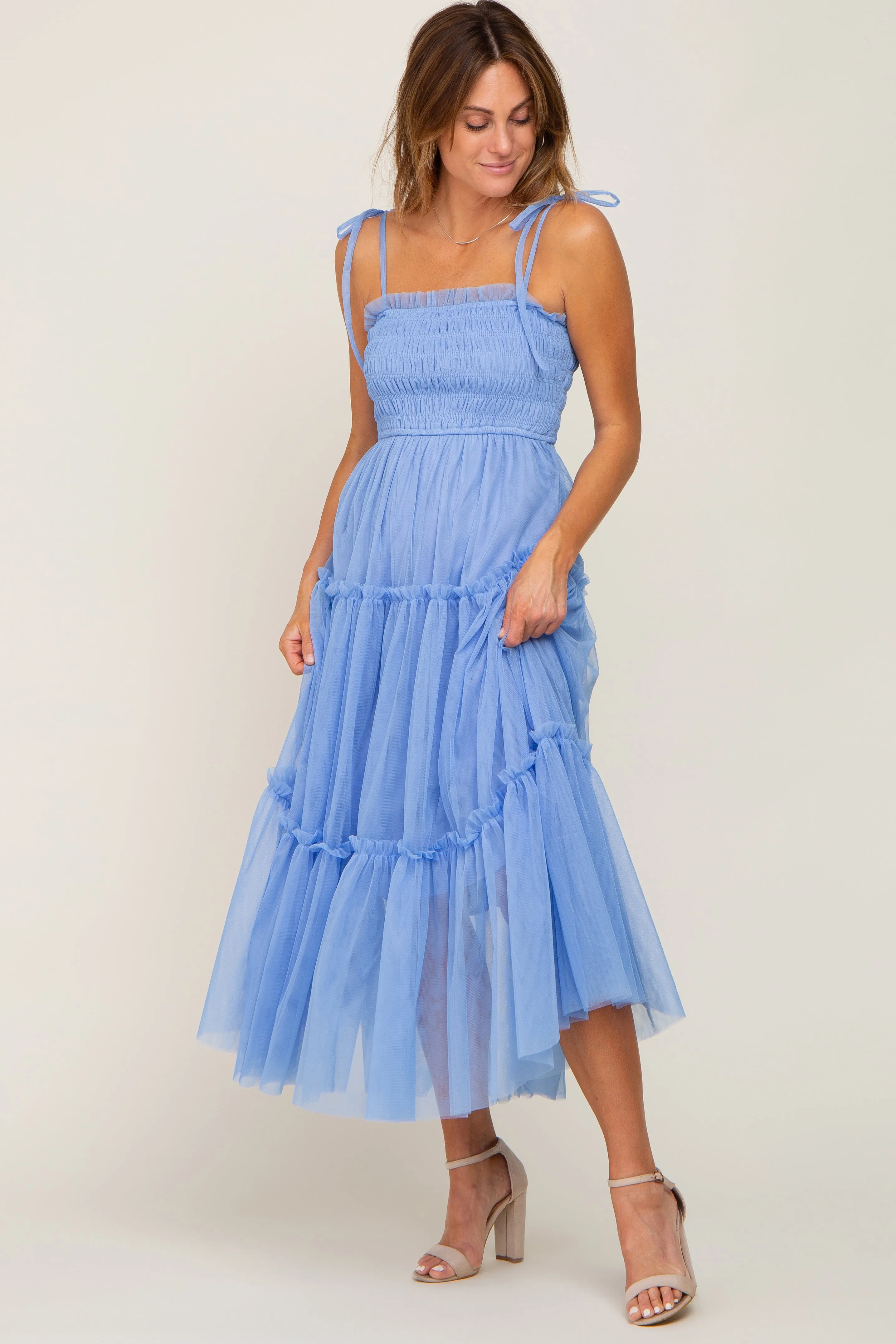 Light Blue Smocked Mesh Midi Dress sold by Pinkblush product image thumbnail 4