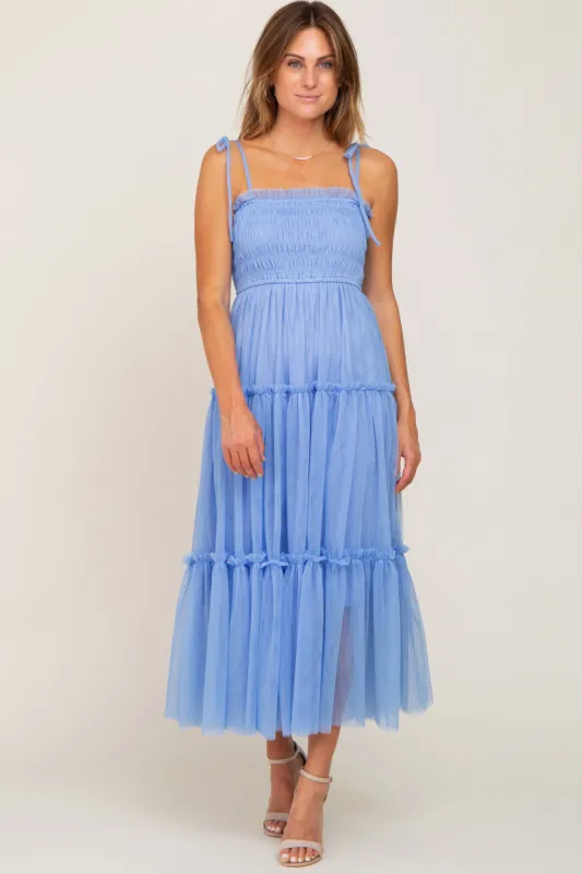 Light Blue Smocked Mesh Midi Dress sold by Pinkblush