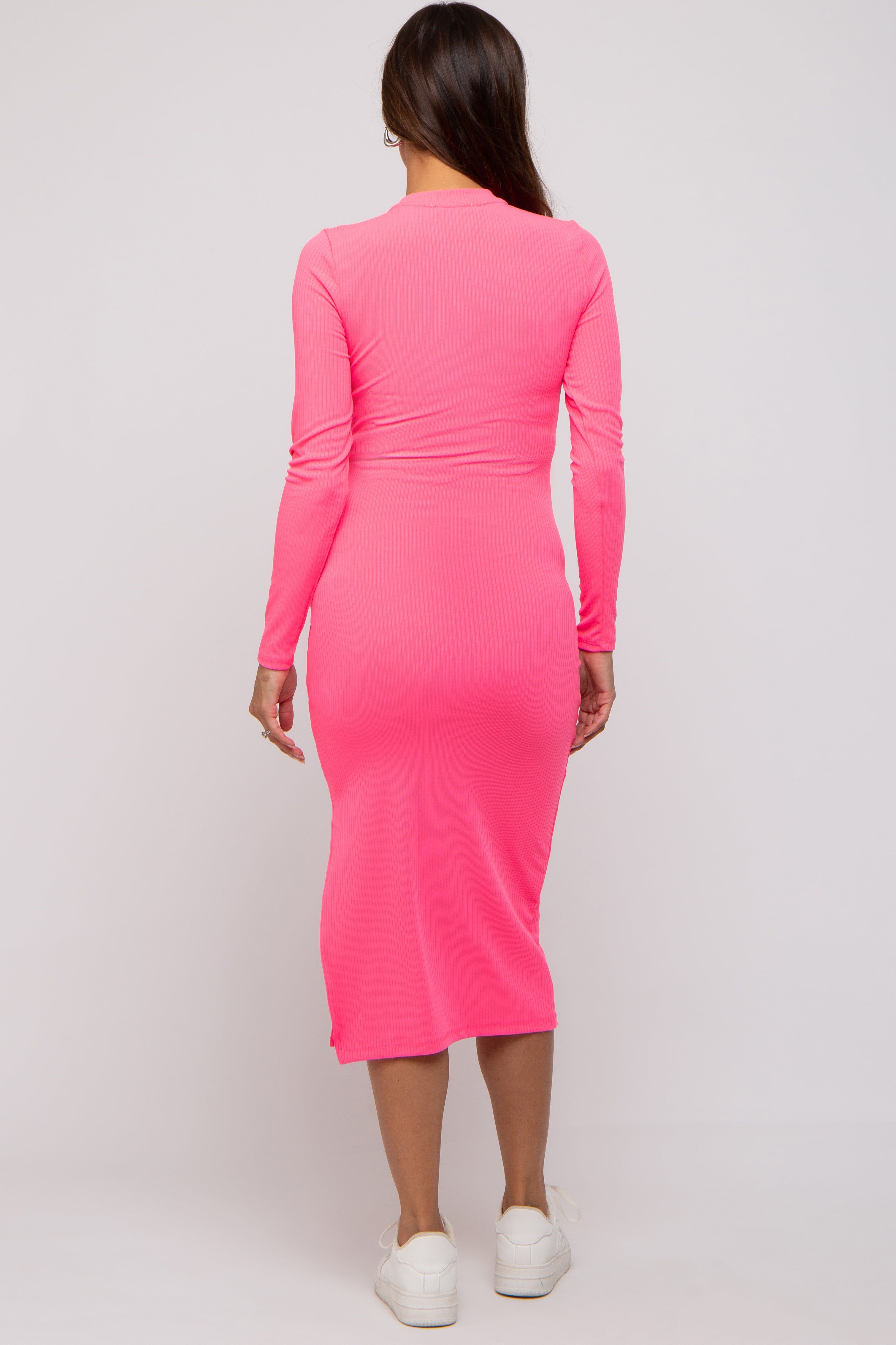 Pink Ribbed Mock Neck Long Sleeve Maternity Midi Dress sold by Pinkblush product image thumbnail 3