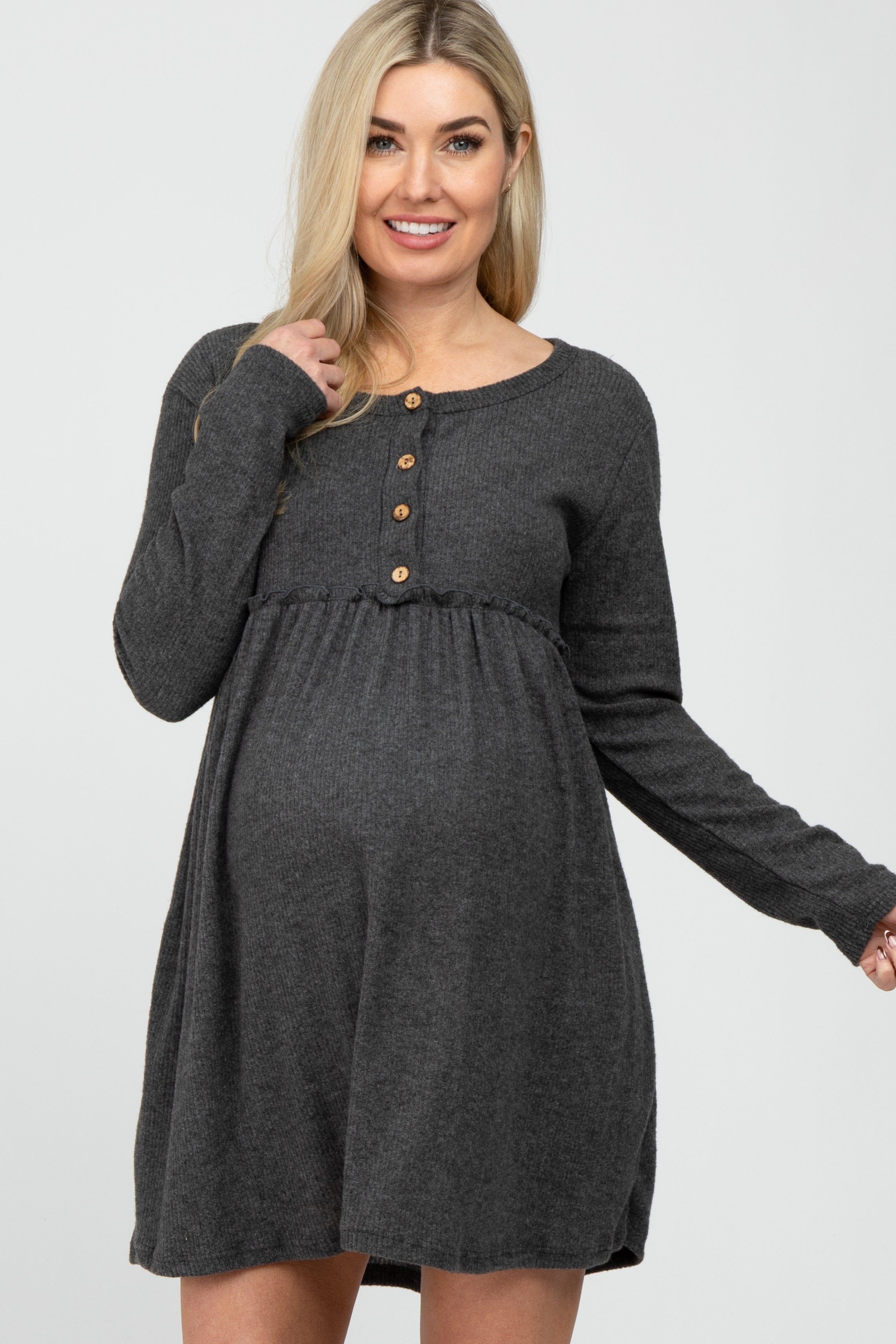 Charcoal Brushed Rib Button Accent Maternity Dress sold by Pinkblush