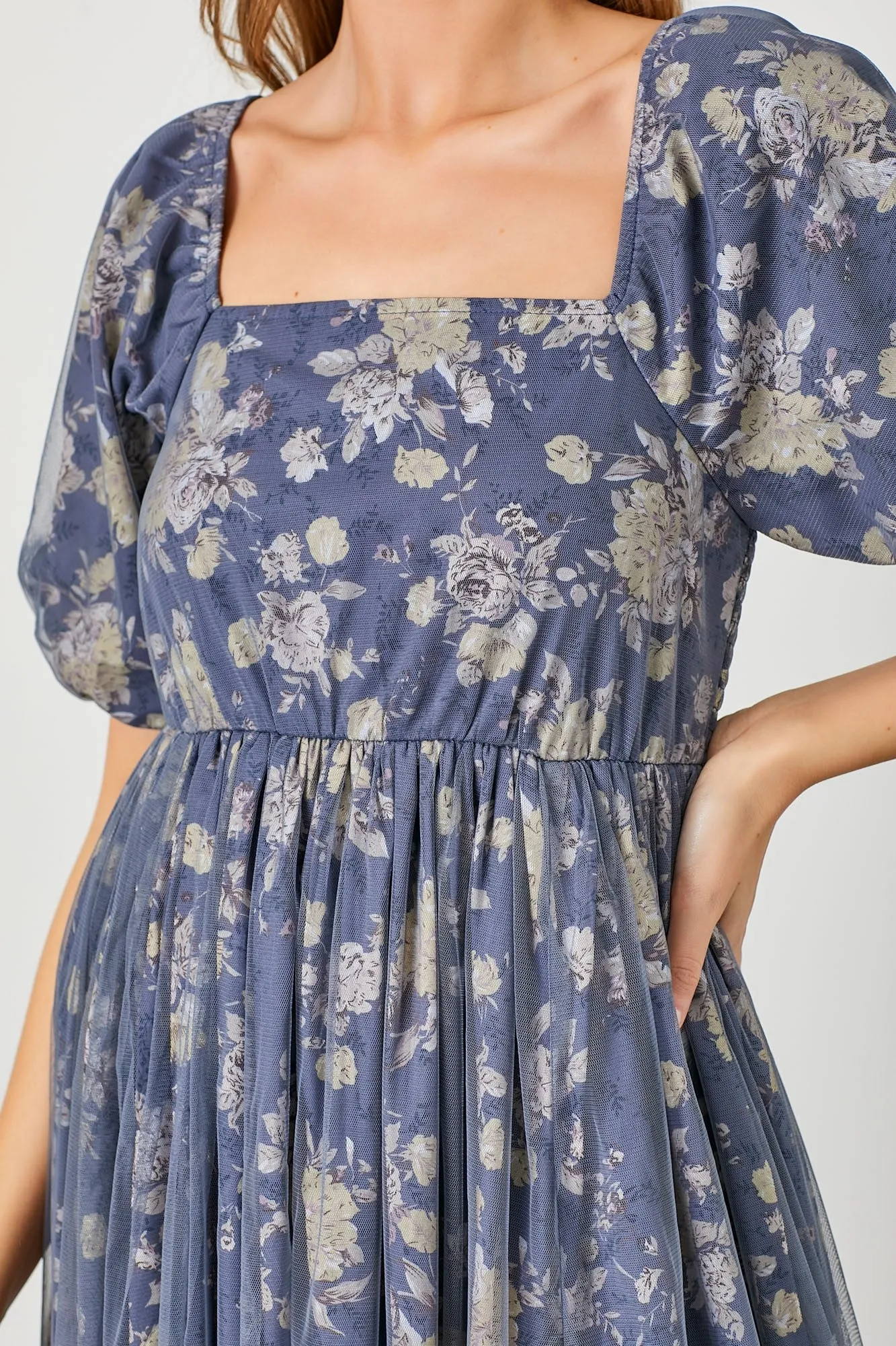 Navy Floral Mesh Overlay Maxi Dress sold by Pinkblush product image thumbnail 4