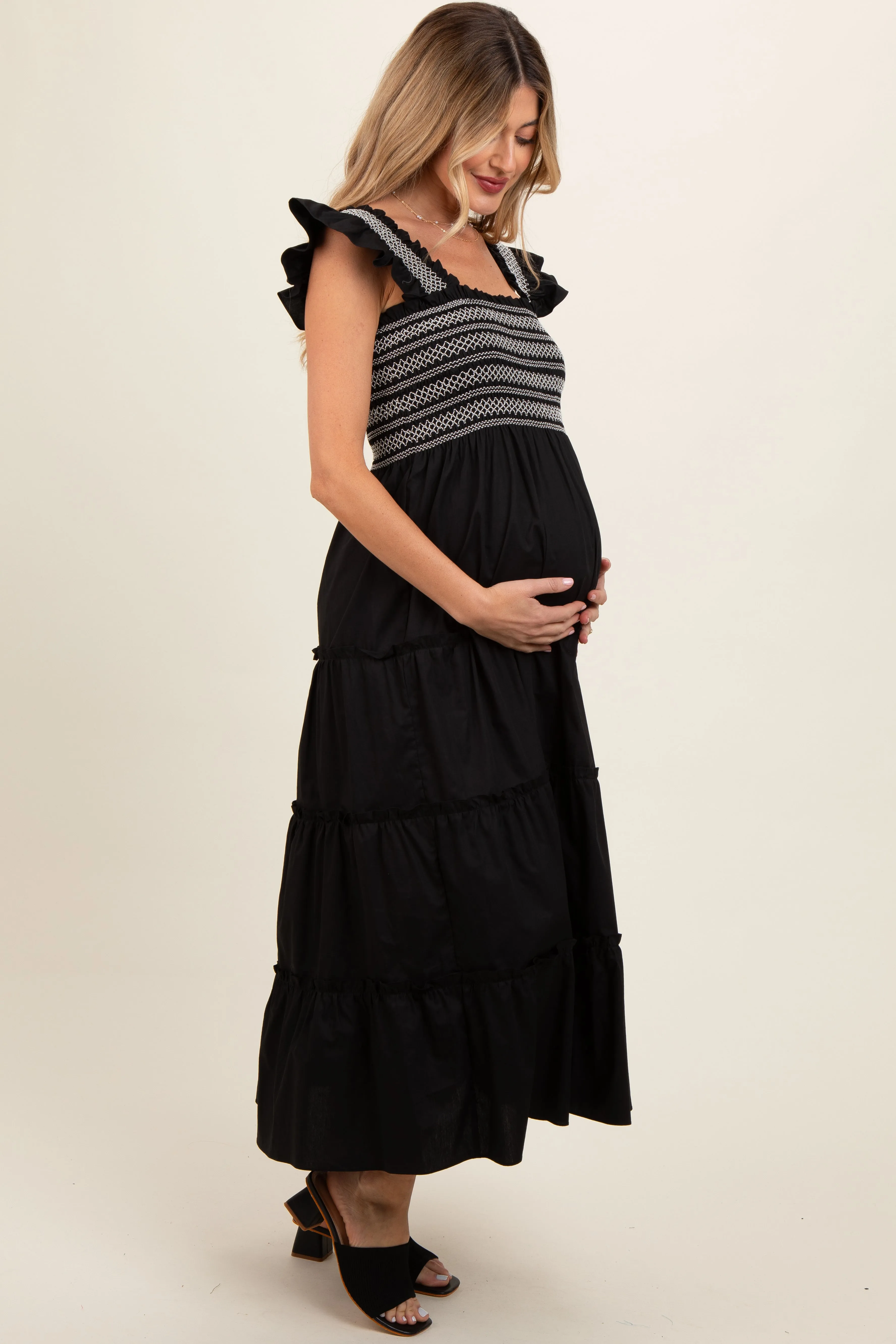 Black Embroidered Smocked Maternity Midi Dress sold by Pinkblush product image thumbnail 3