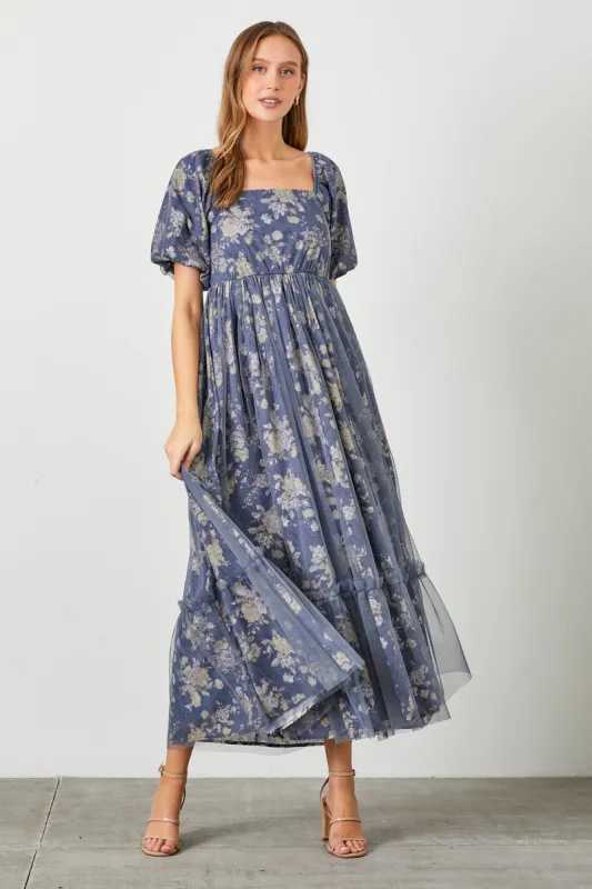 Navy Floral Mesh Overlay Maxi Dress sold by Pinkblush
