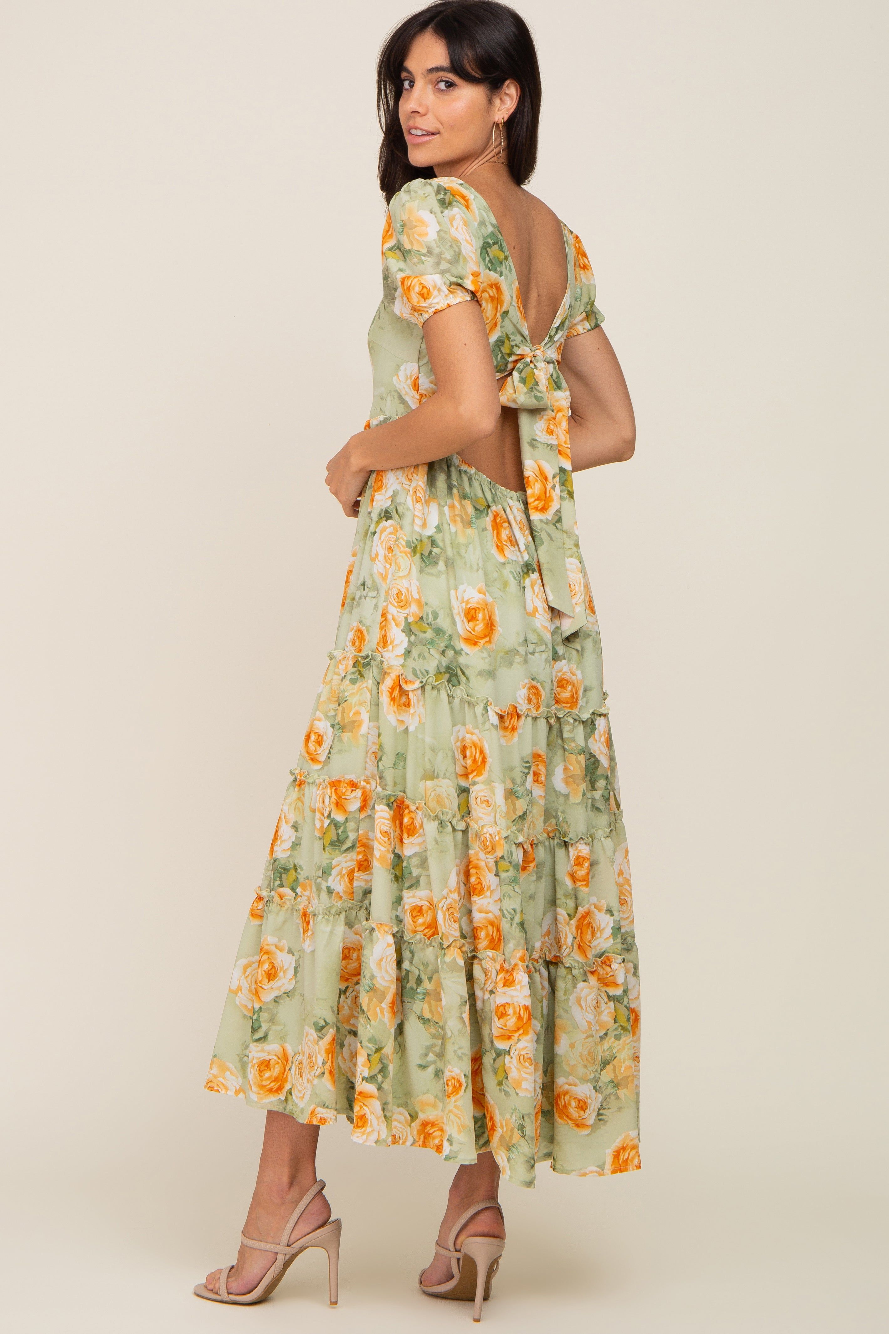Light Olive Floral Tiered Cutout Back Maternity Maxi Dress sold by Pinkblush product image thumbnail 5