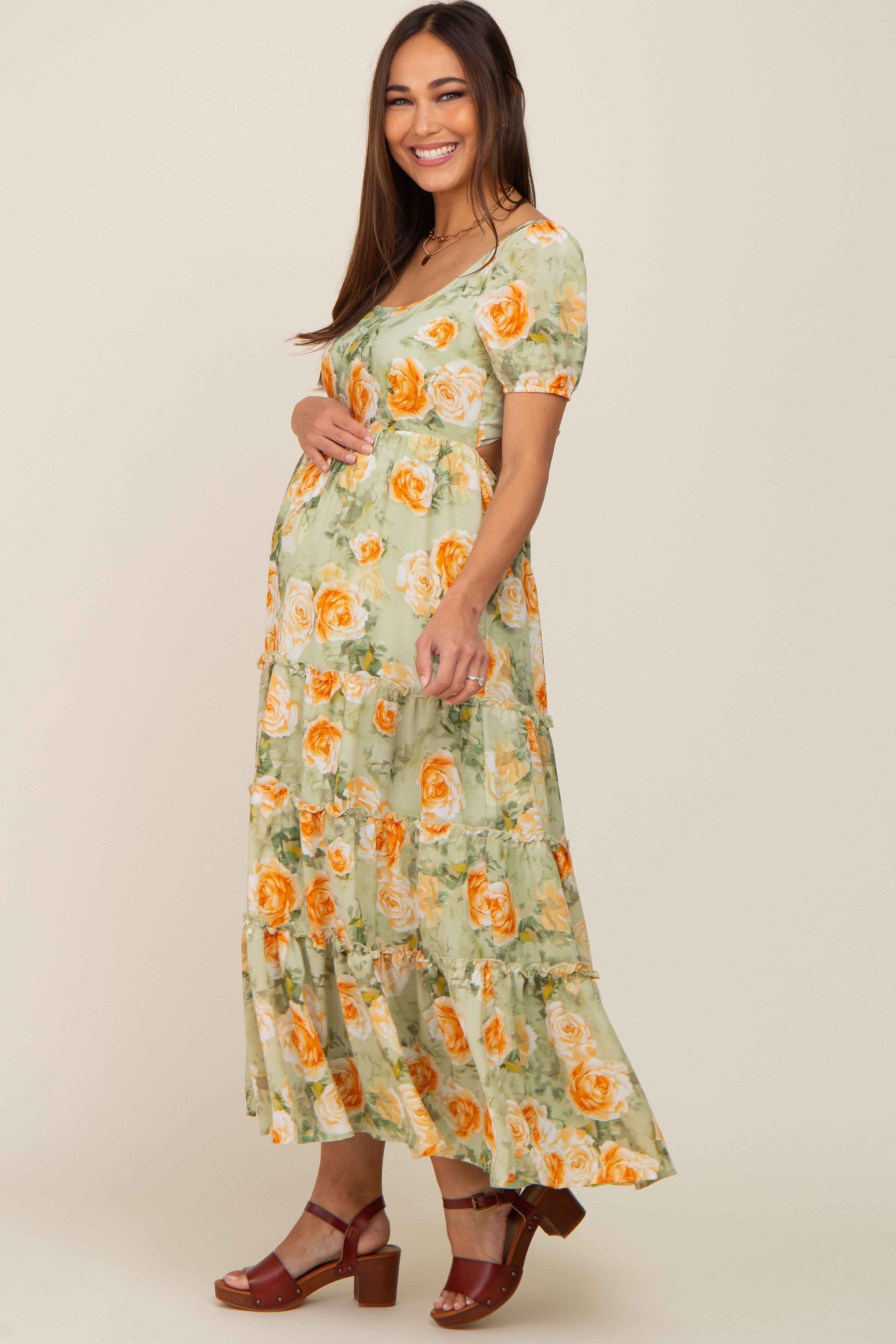 Light Olive Floral Tiered Cutout Back Maternity Maxi Dress sold by Pinkblush product image thumbnail 2