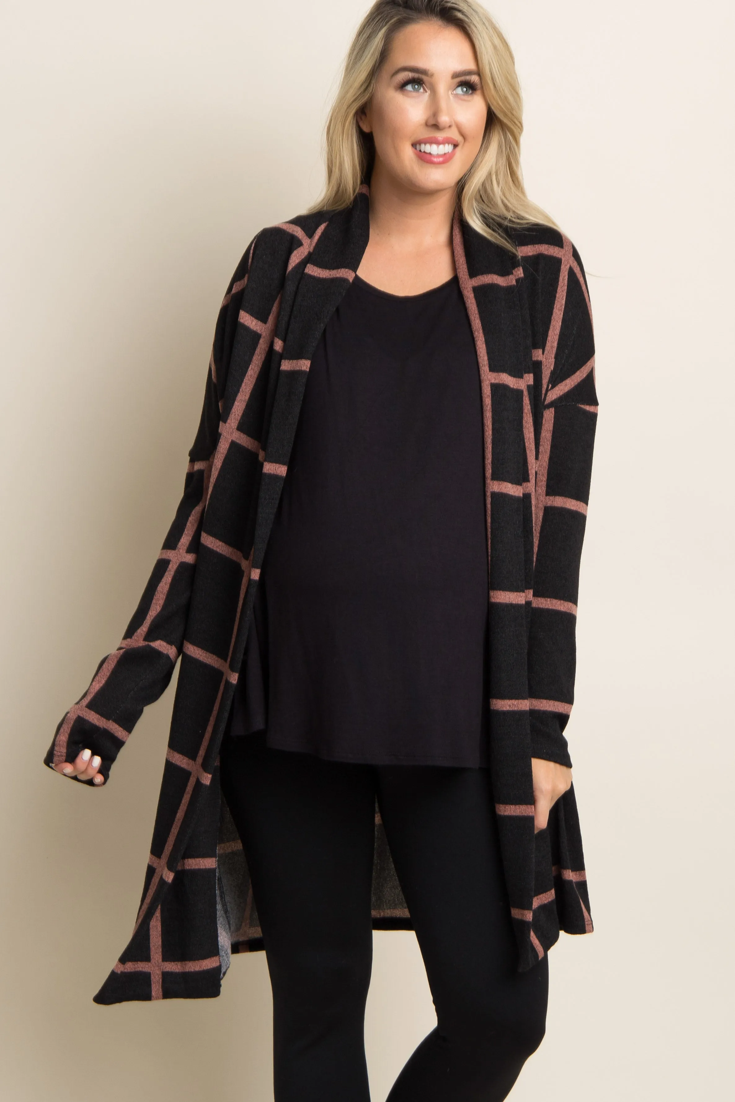 PinkBlush Black Plaid Long Knit Maternity Cardigan sold by Pinkblush product image thumbnail 2