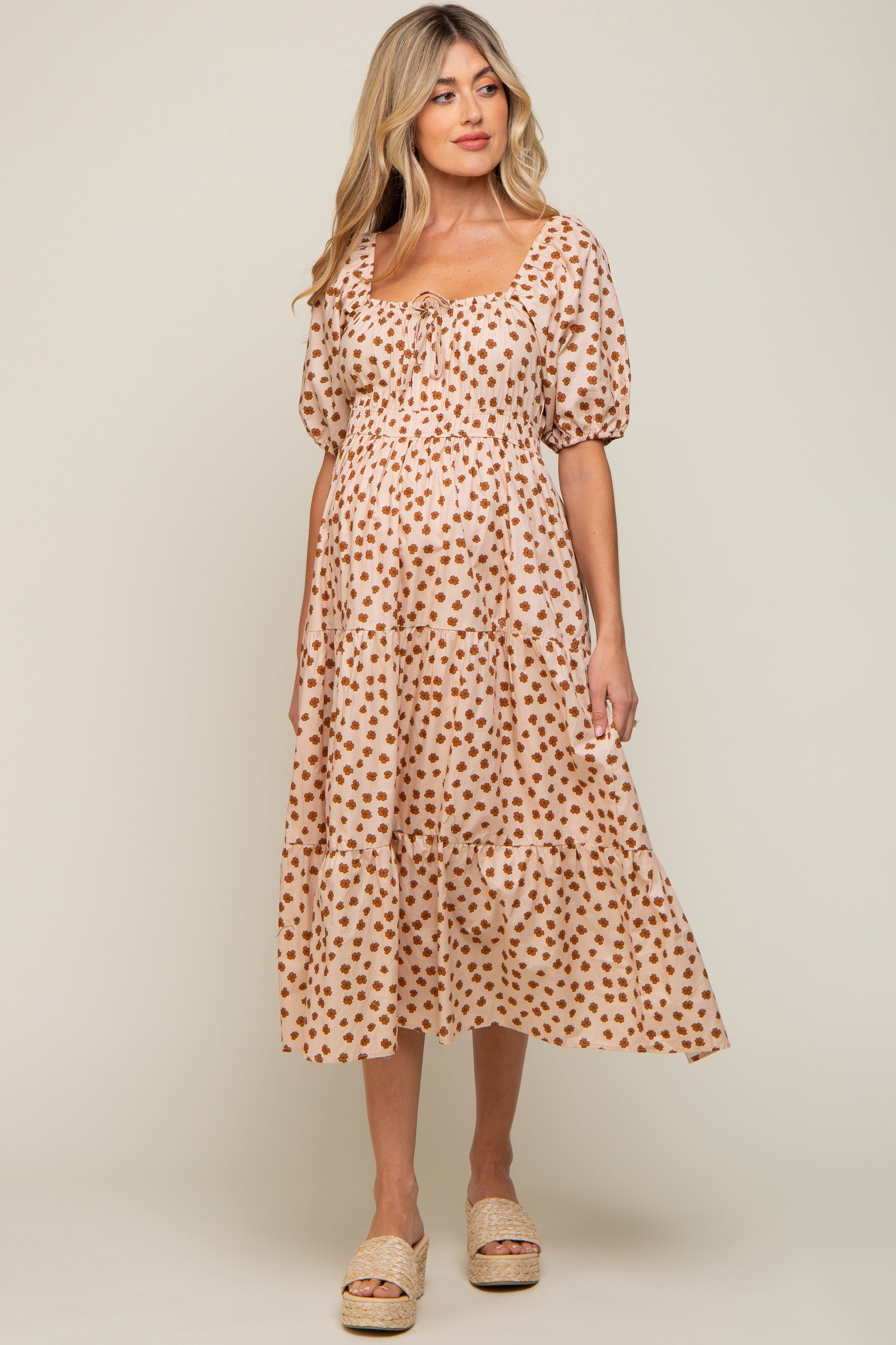 Taupe Floral Puff Sleeve Tiered Maternity Midi Dress sold by Pinkblush product image thumbnail 5