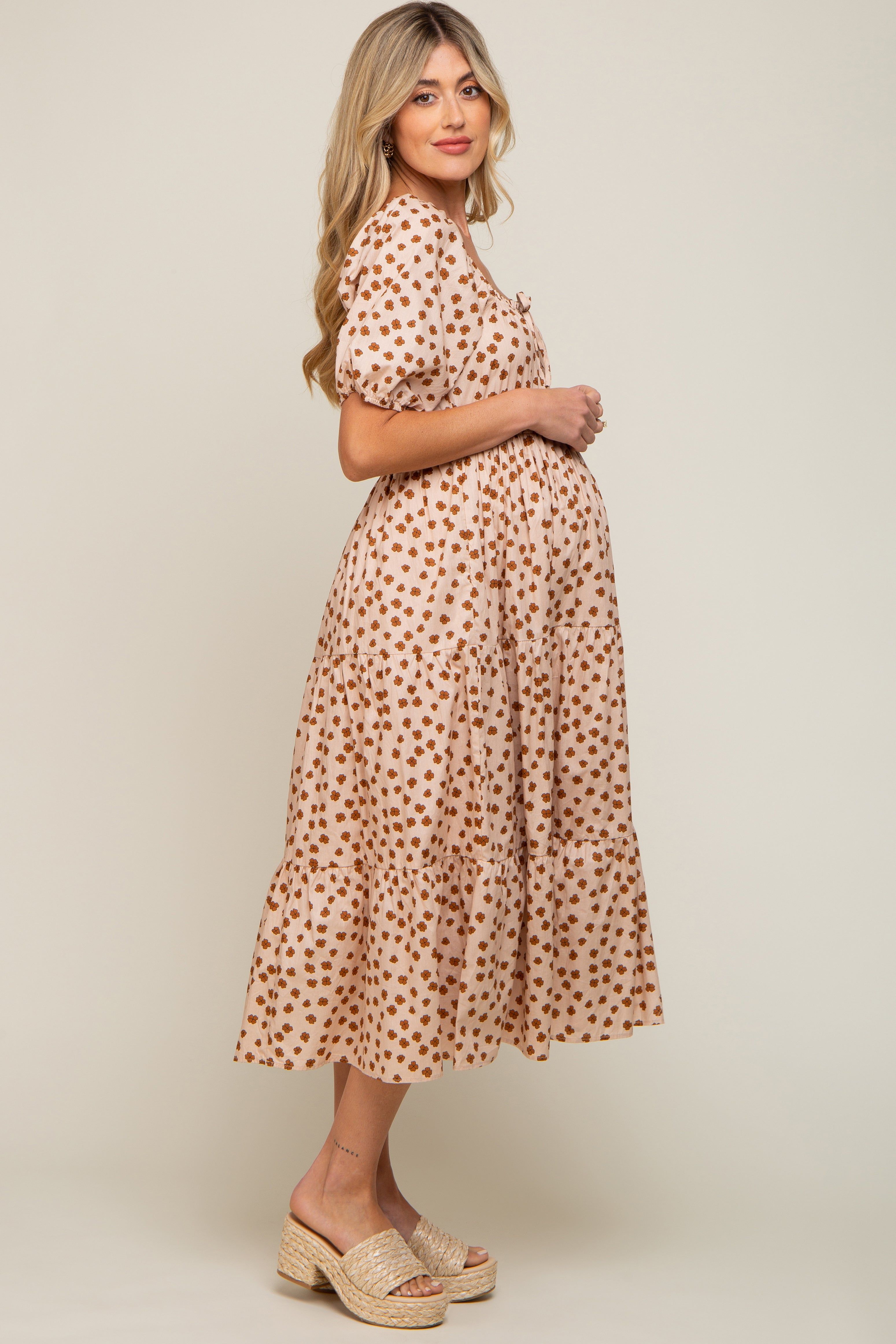 Taupe Floral Puff Sleeve Tiered Maternity Midi Dress sold by Pinkblush product image thumbnail 2