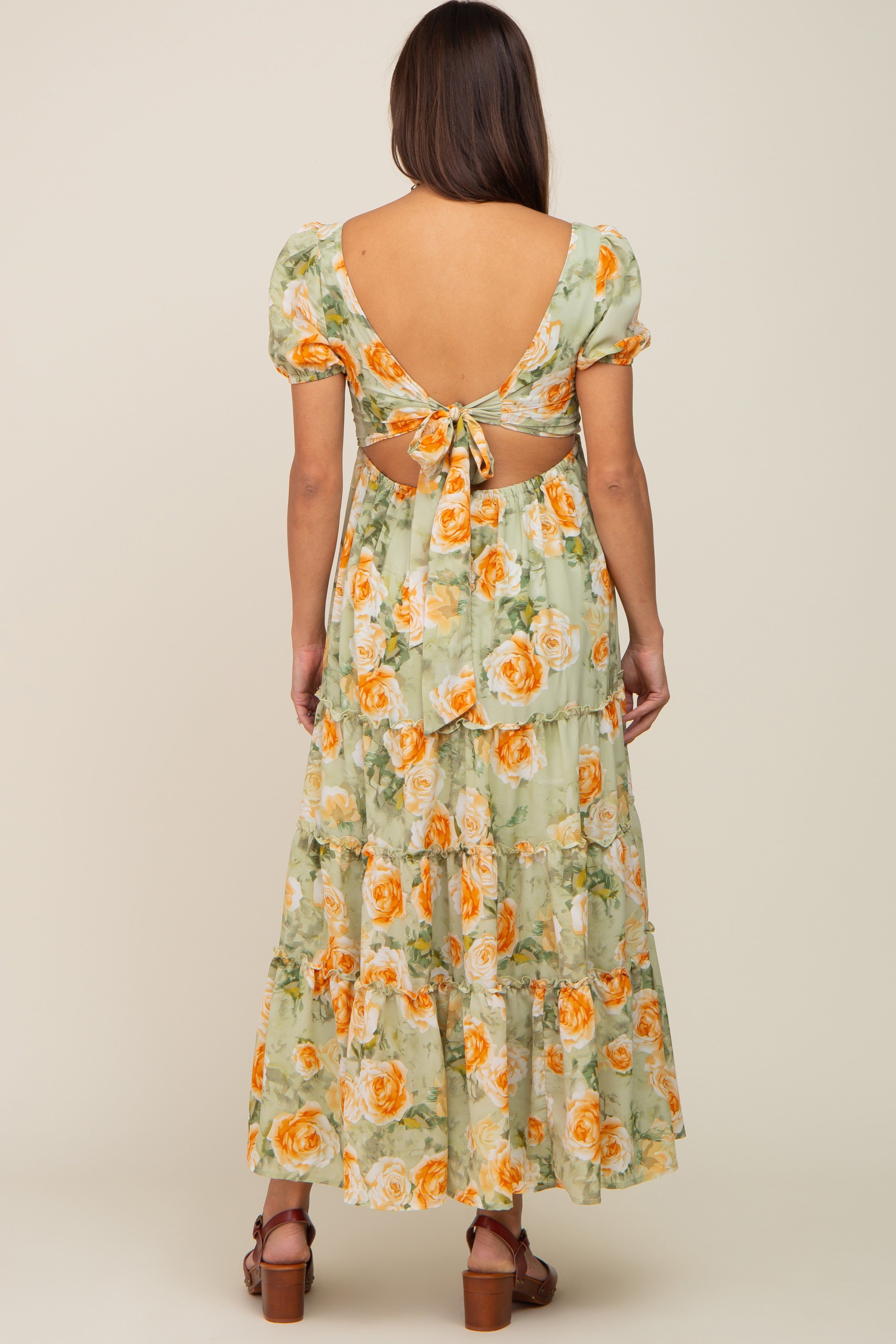 Light Olive Floral Tiered Cutout Back Maternity Maxi Dress sold by Pinkblush product image thumbnail 3