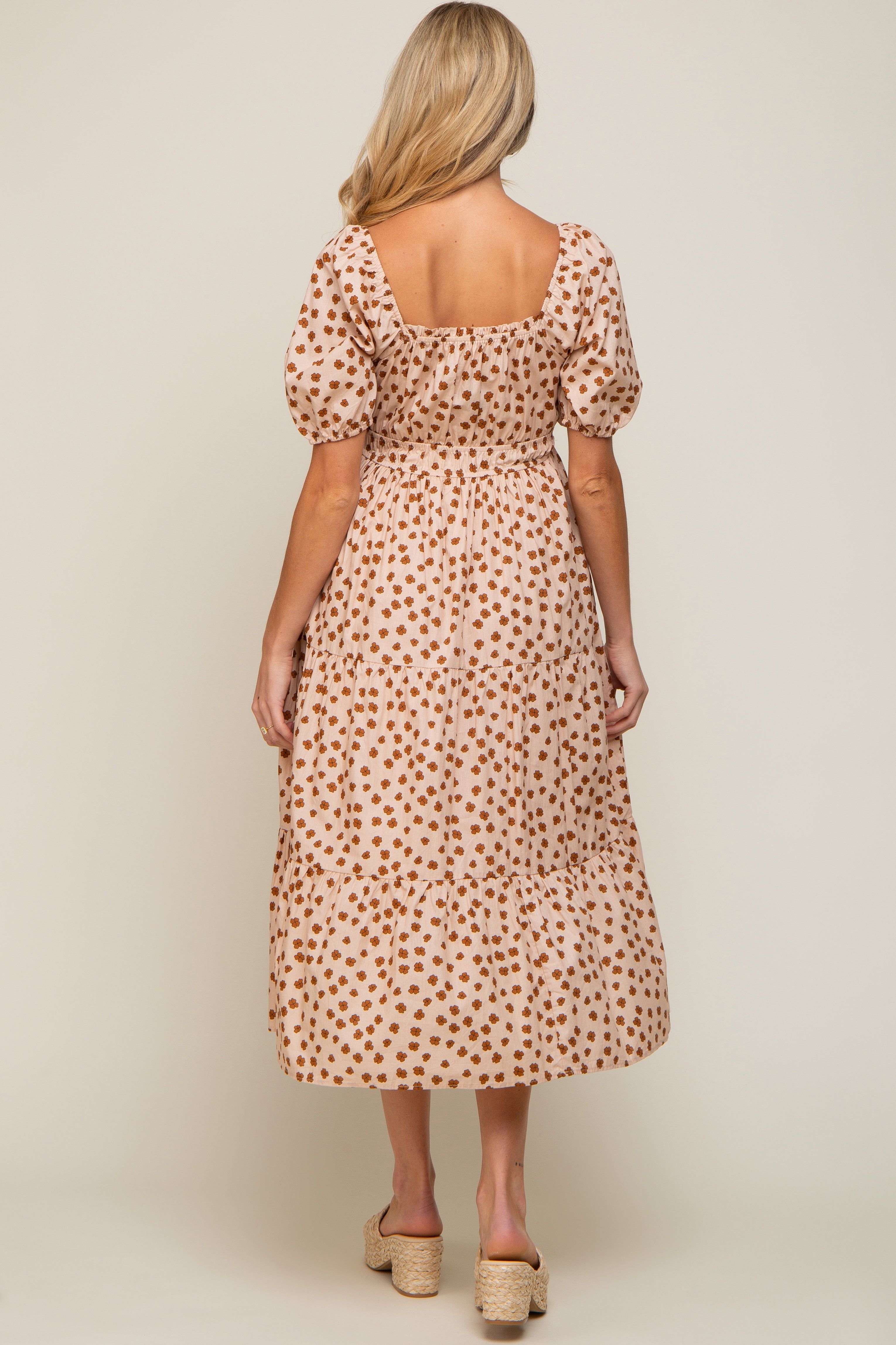 Taupe Floral Puff Sleeve Tiered Maternity Midi Dress sold by Pinkblush product image thumbnail 3