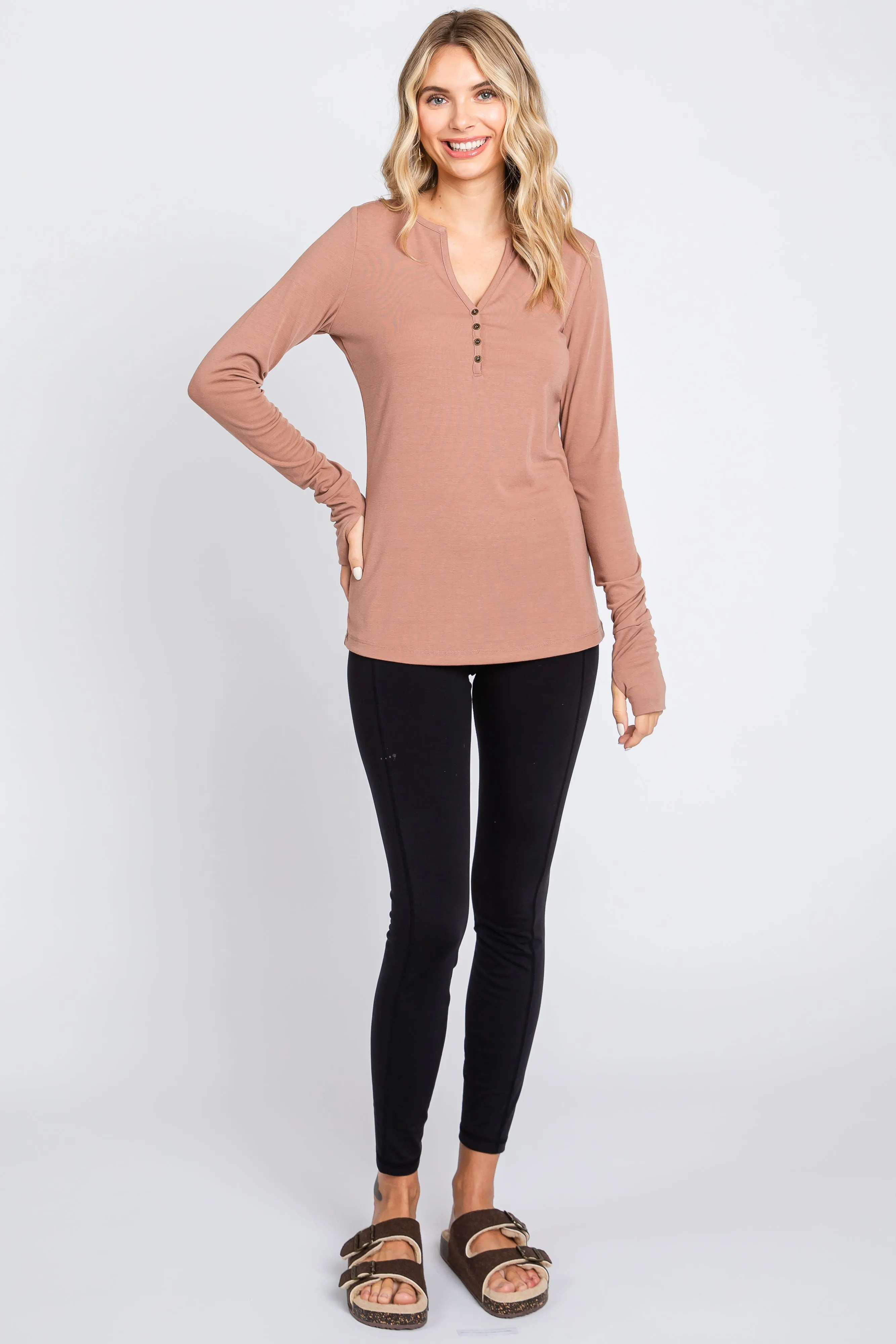 Taupe Button Front Long Sleeve Top sold by Pinkblush product image thumbnail 4