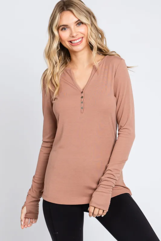 Taupe Button Front Long Sleeve Top sold by Pinkblush