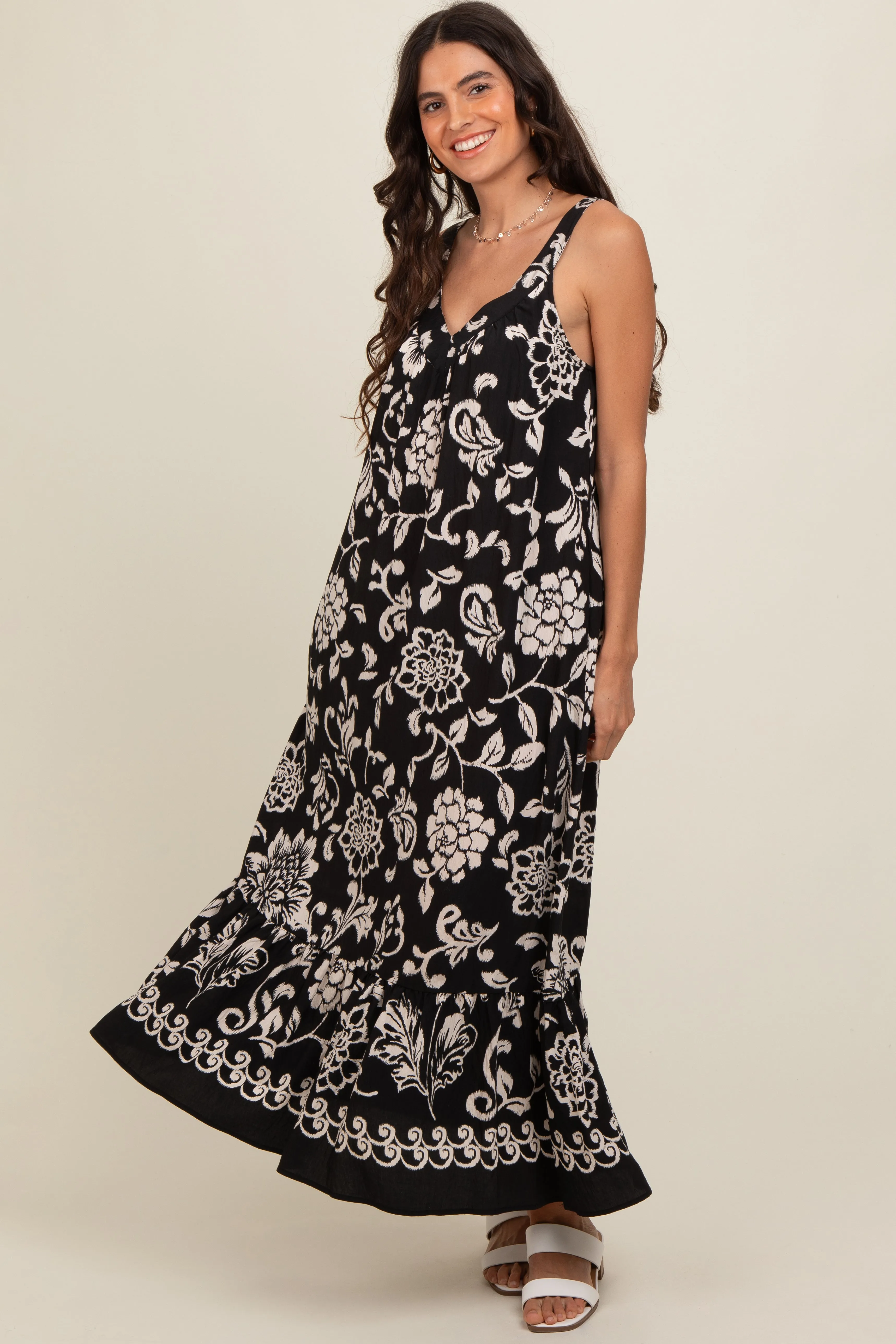 Black Floral Tie Back Maxi Dress sold by Pinkblush