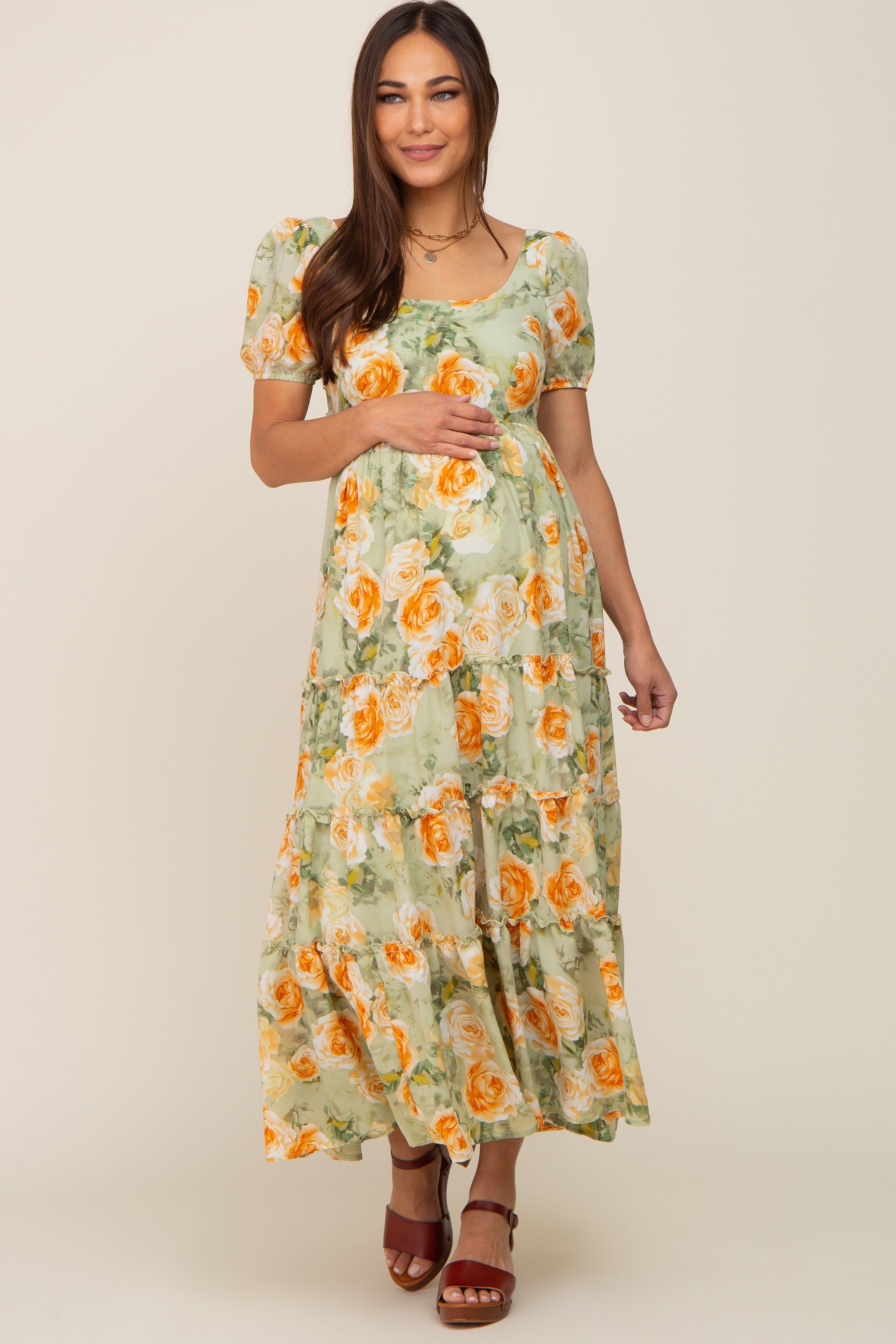 Light Olive Floral Tiered Cutout Back Maternity Maxi Dress sold by Pinkblush product image thumbnail 4