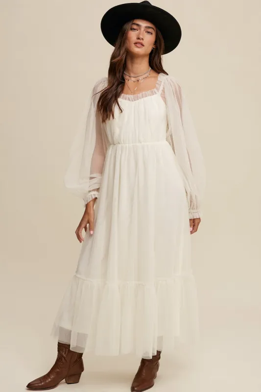 Champagne Sweetheart Neck Mesh Long Sleeve Maxi Dress sold by Pinkblush