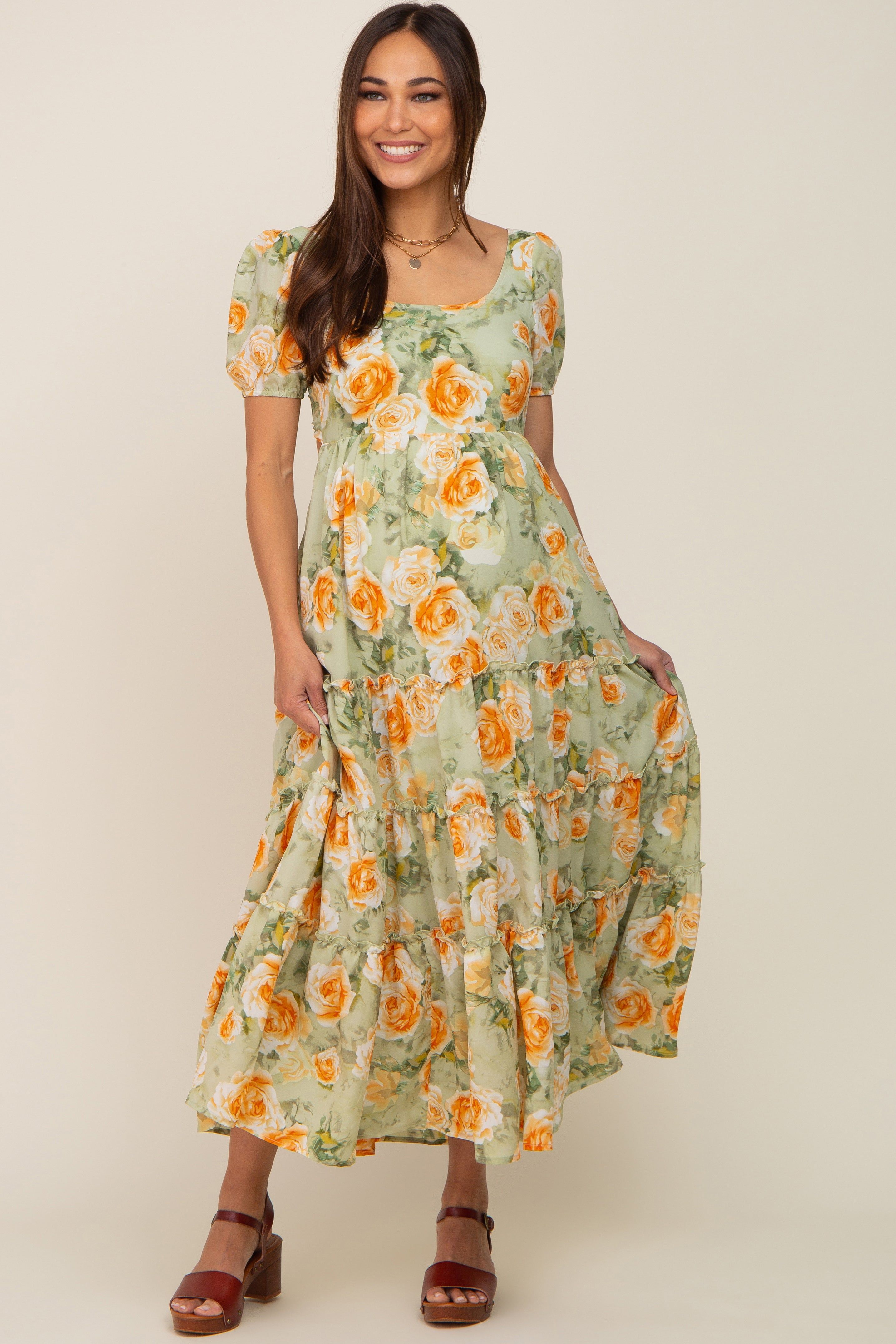 Light Olive Floral Tiered Cutout Back Maternity Maxi Dress sold by Pinkblush