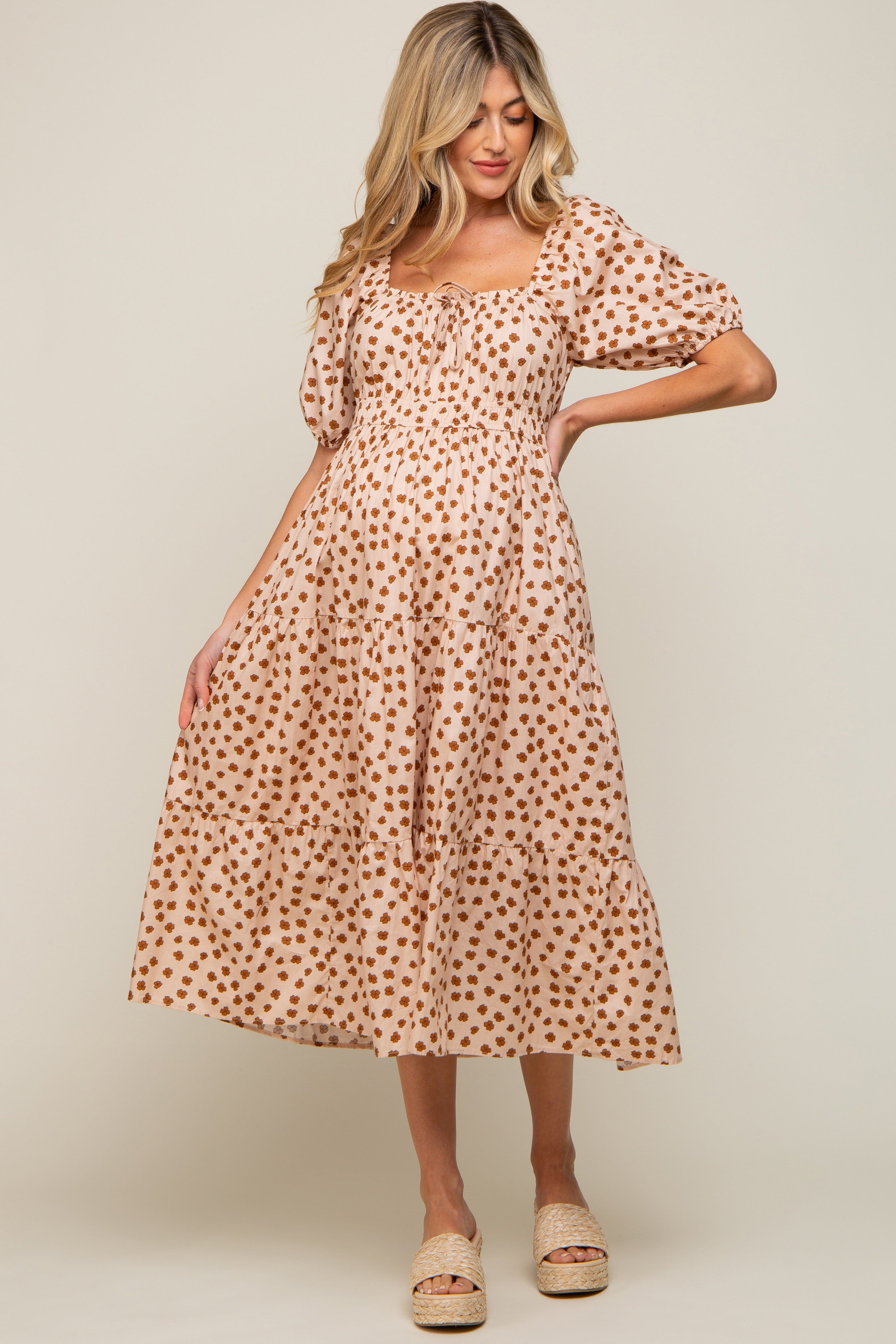 Taupe Floral Puff Sleeve Tiered Maternity Midi Dress sold by Pinkblush product image thumbnail 4